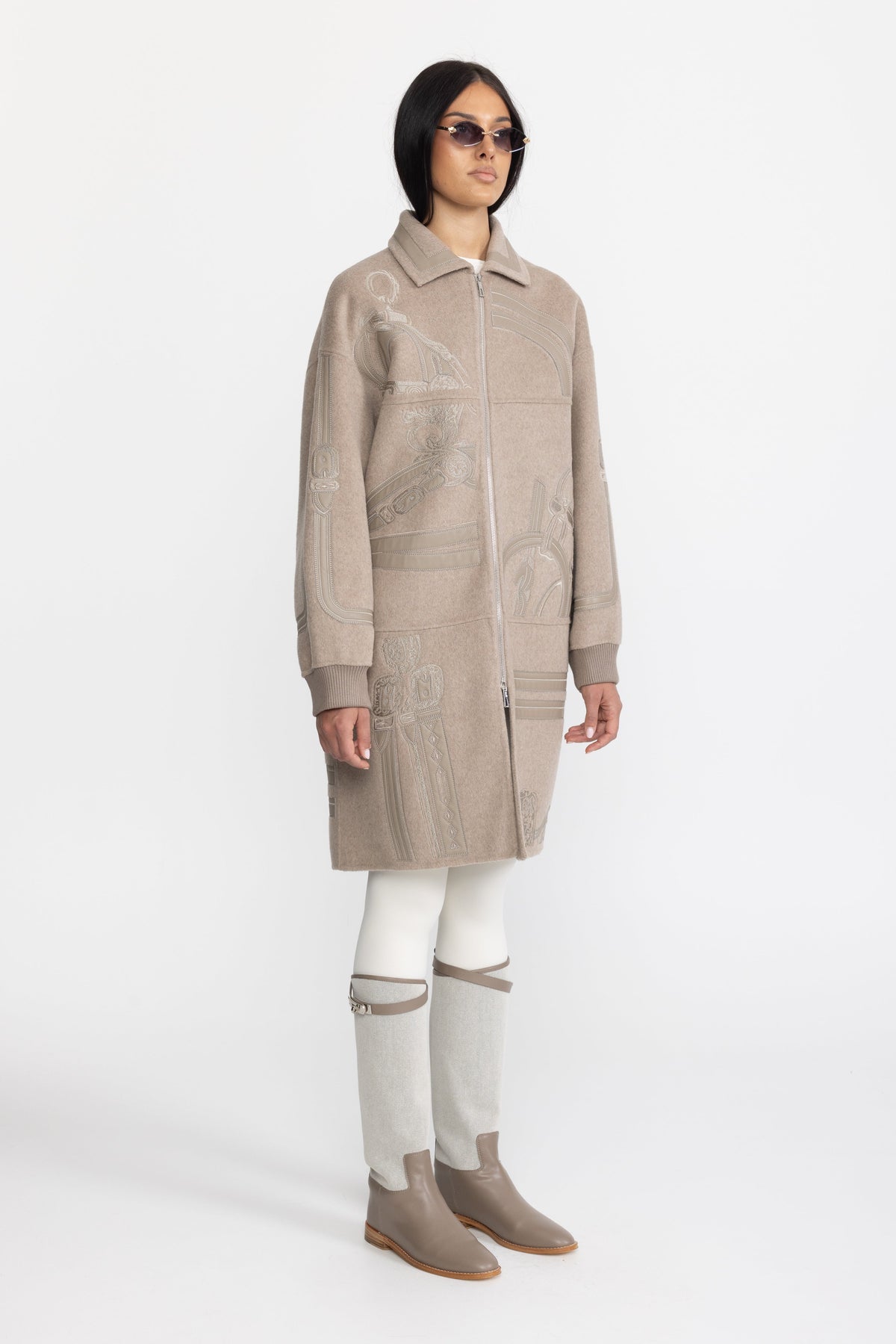 Equestrian Applique Embroidered Wool Zip Coat - Taupe