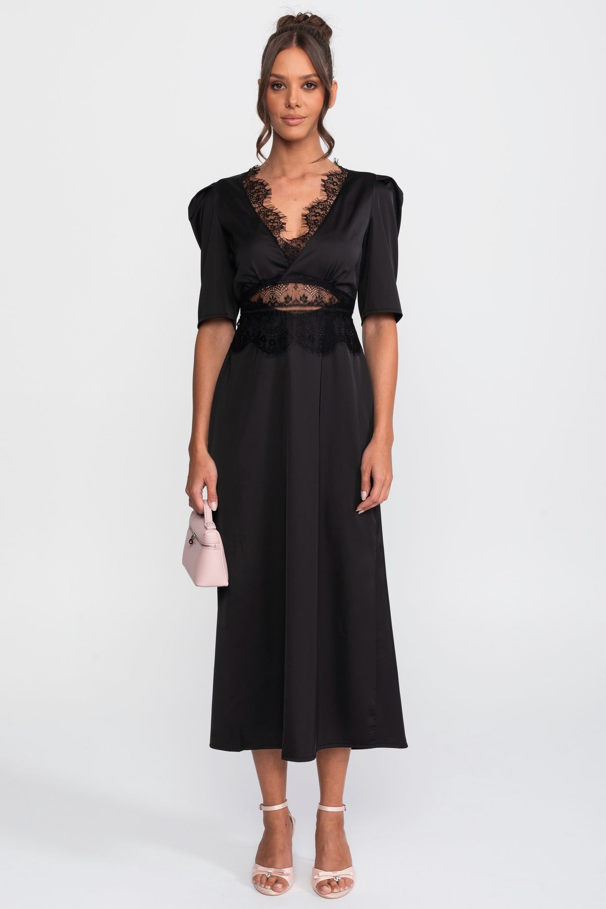 Lace-Trim Polka Dot Midi Dress With Puff Sleeves - Black