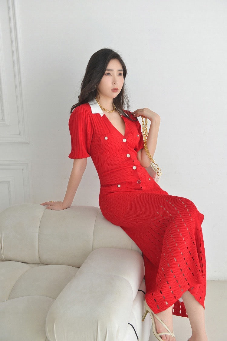 Sandro Collared Knit Button Down midi dress - Red