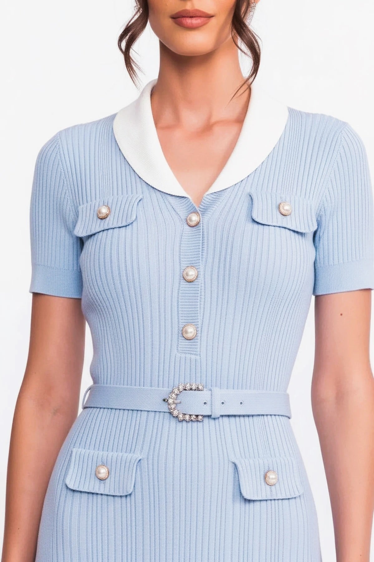Ophelie Light Blue Ribbed Knit Midi Dress With White Collar And Pearl Belt