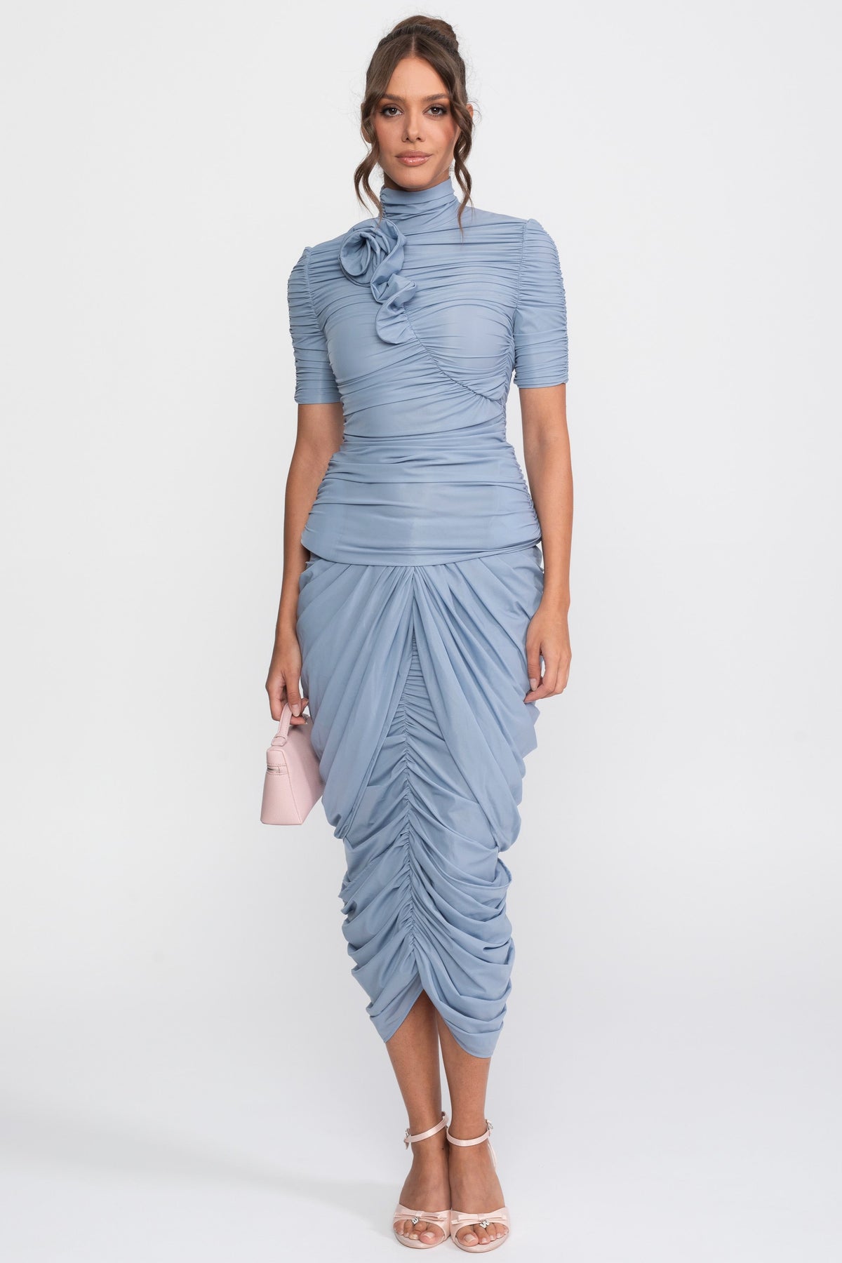Rosette Co-Ord Set With Ruched Top And Matching Midi Skirt - Blue