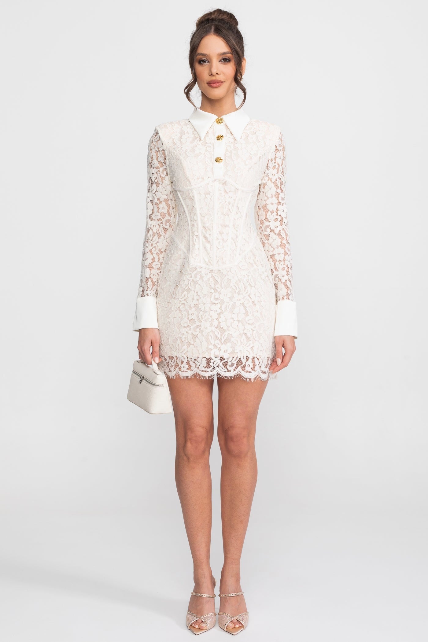 Long Sleeved Lace Mini Dress With Scallop Hem - Ivoire - XS Long Sleeved Lace Mini Dress With Scallop Hem - Ivoire - XS