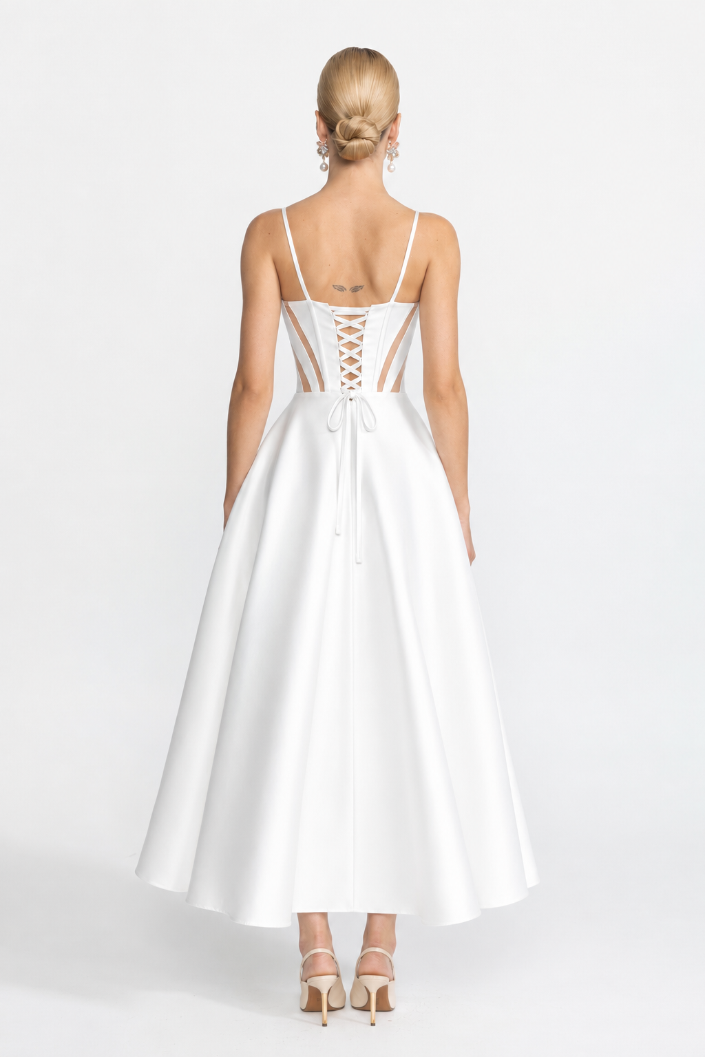 Josephine White Sheer Panel Satin Corset Midi Dress