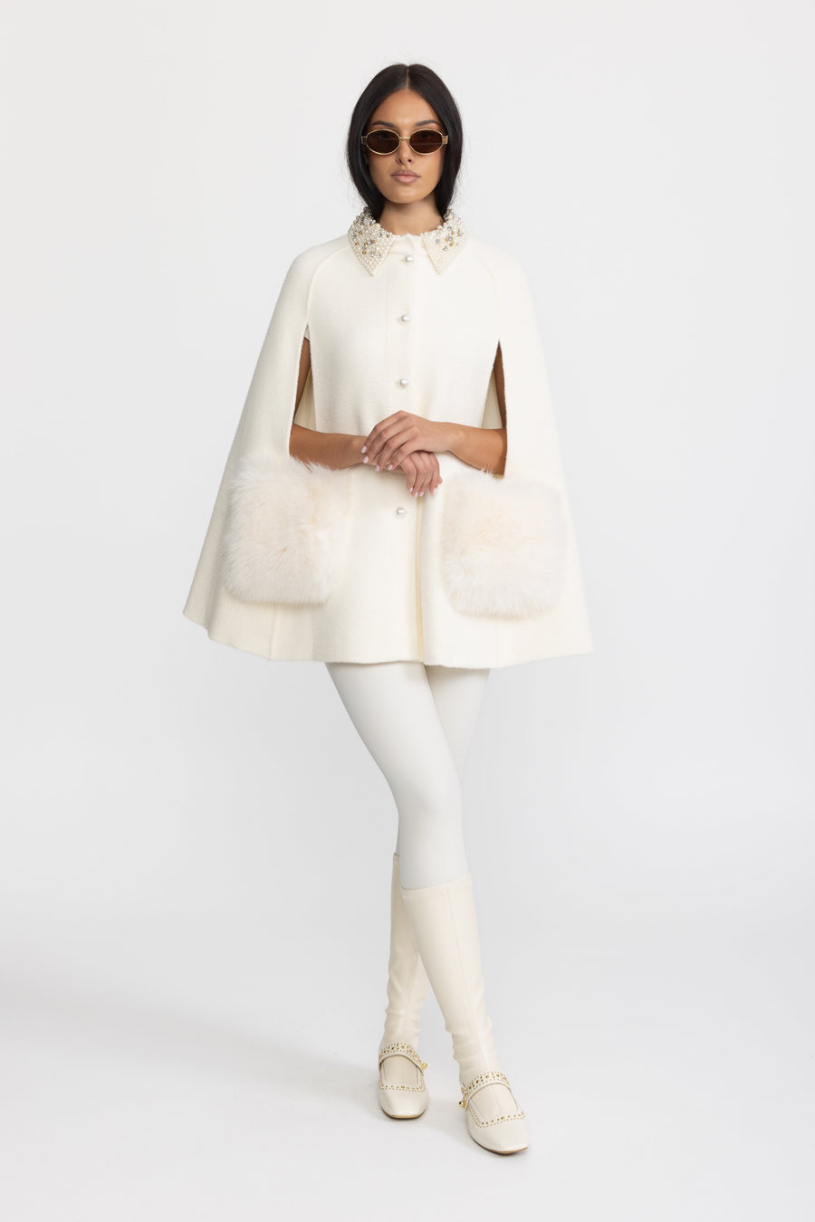 Pearl Embellished Collar Cape with Faux Fur Pockets - Ivoire