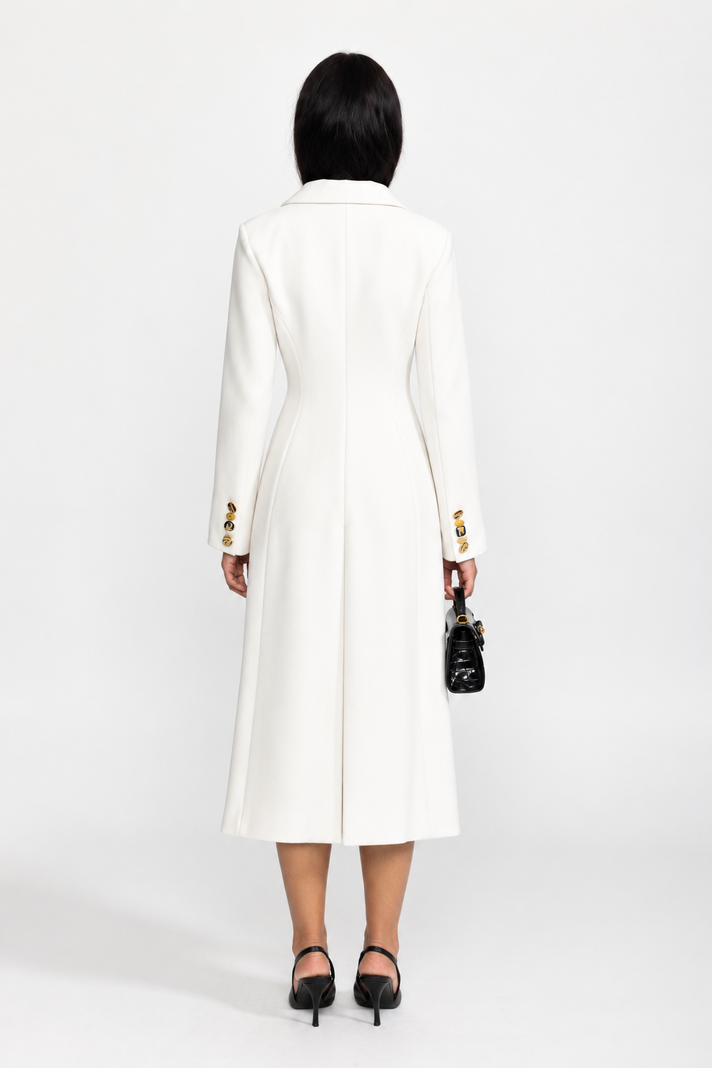 Pénélope White Embellished Lapel Double-Breasted Longline Coat