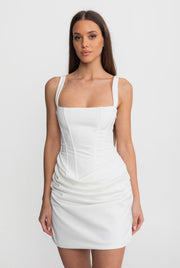 Corset Mini Dress with Ruched Skirt Detail – White