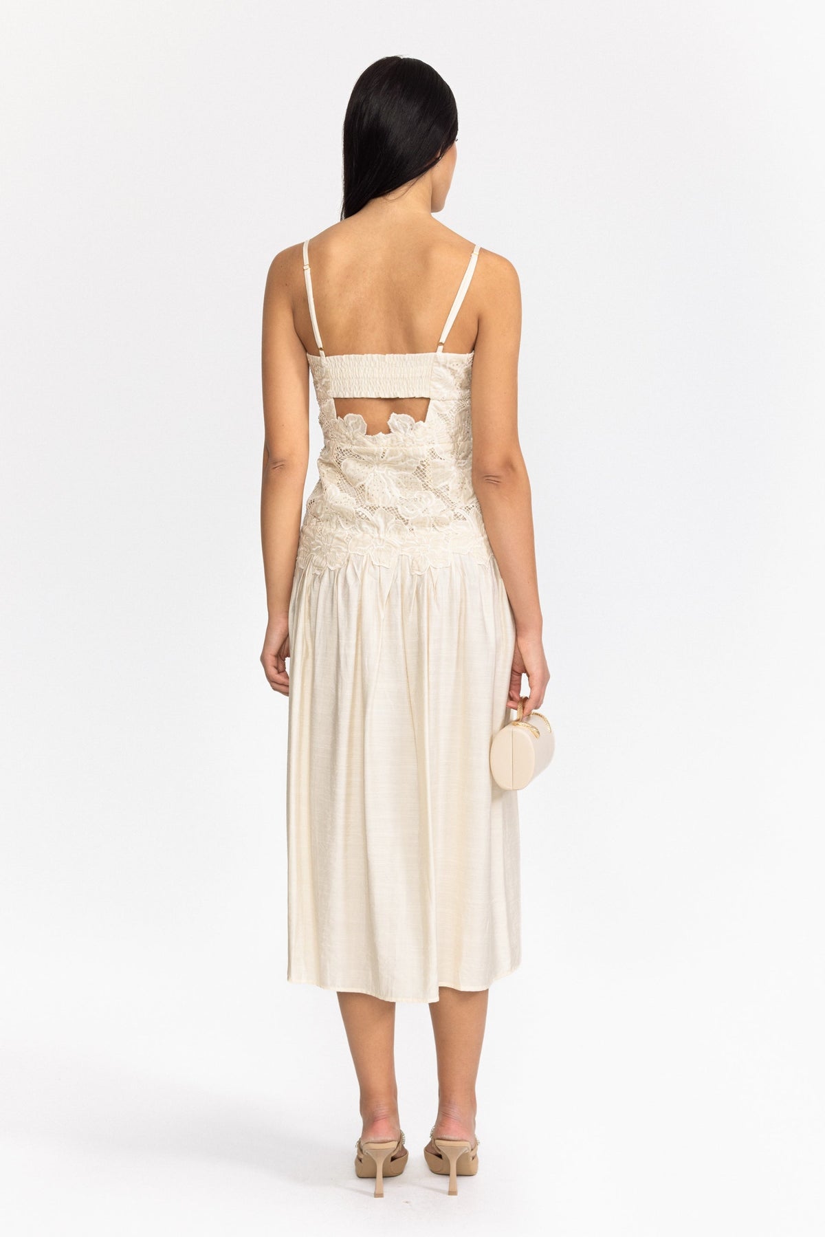 Floral Appliqué Drop Waist Midi Dress - Off-White