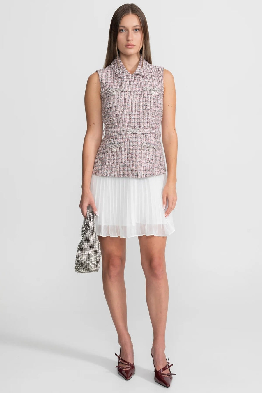 Ondine Pink/White Tweed Vest Dress with Pleated Skirt Detail