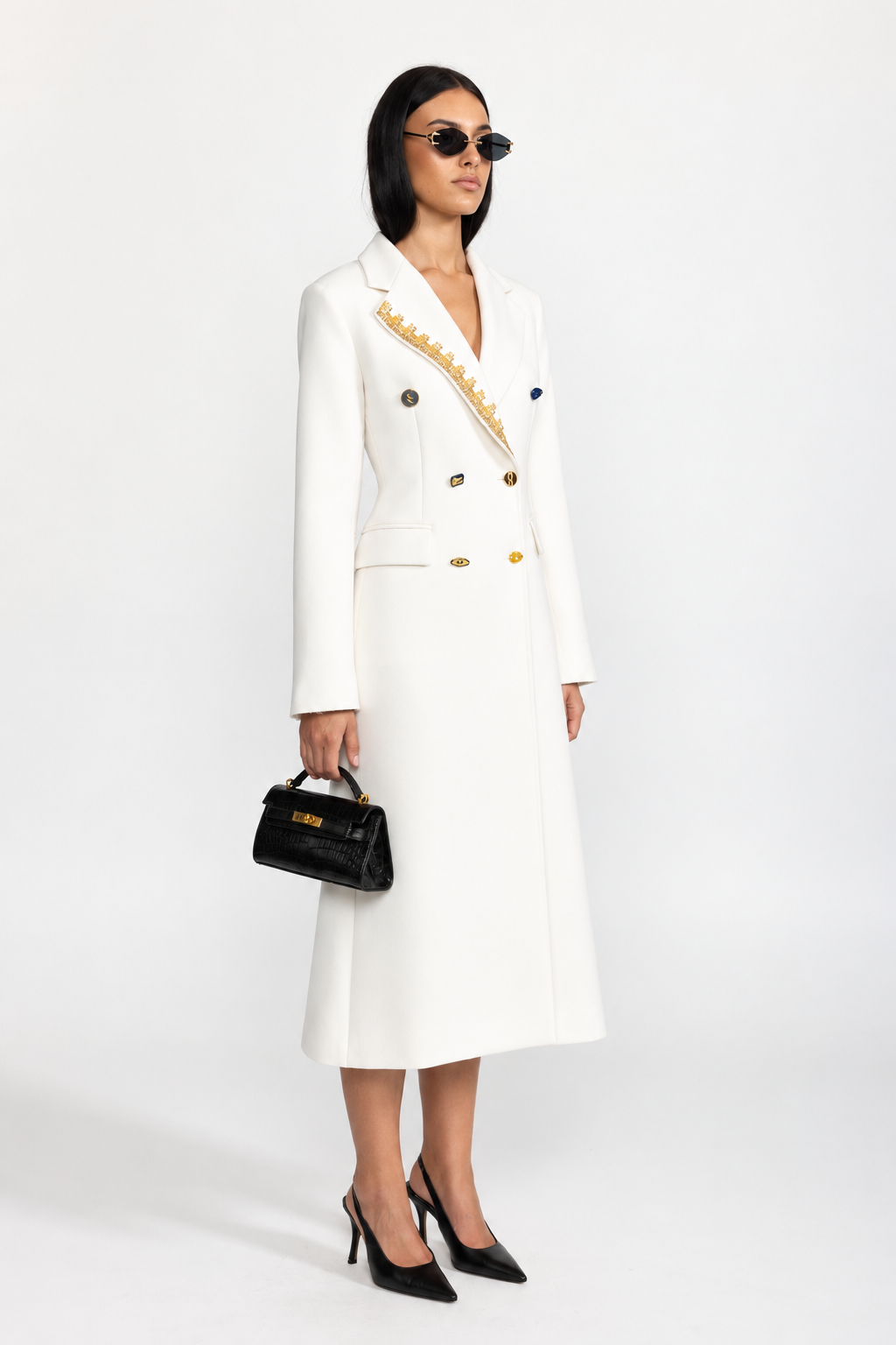 Pénélope White Embellished Lapel Double-Breasted Longline Coat
