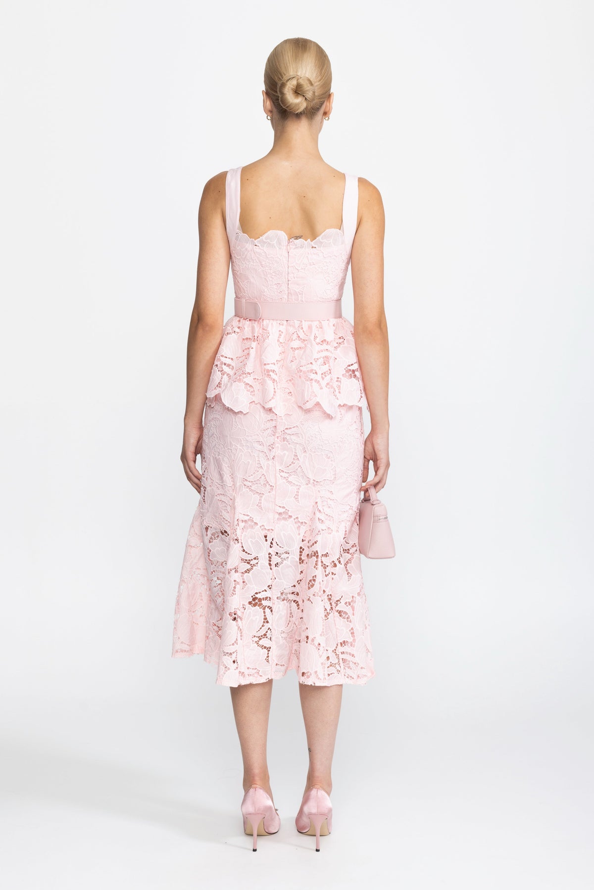 Guipure Lace Peplum Midi Dress - Pink