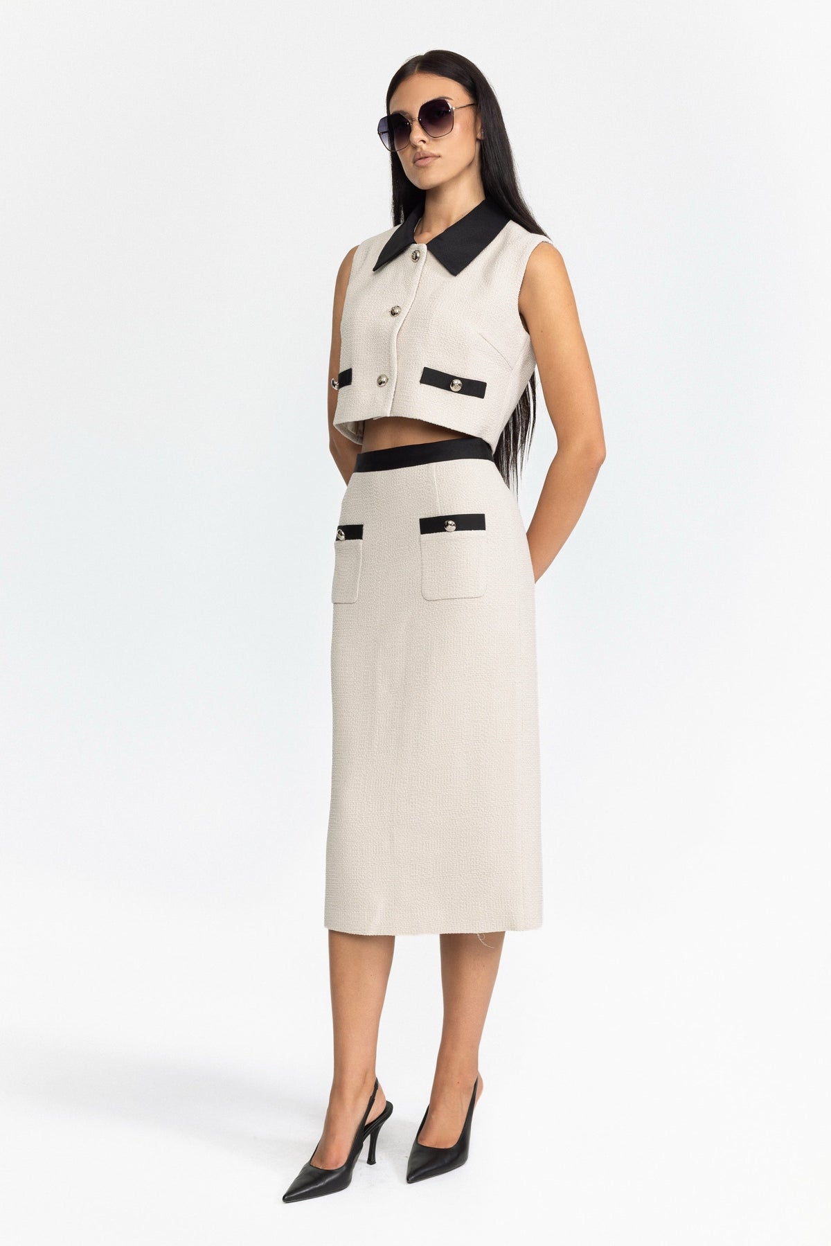 Contrast Collar Tweed Crop Top and Midi Skirt Set - Off-White