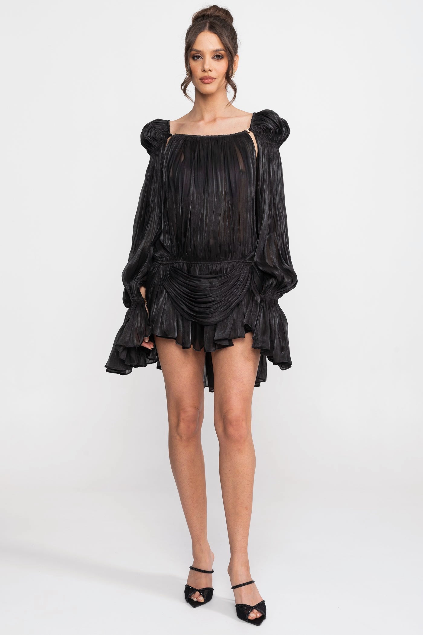 Sheer Draped Mini Dress With Cape Sleeves And Gold Clip Detail - Black