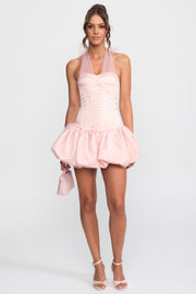 Corset Bubble Hem Mini Dress With Sheer Halter Tie - Pink