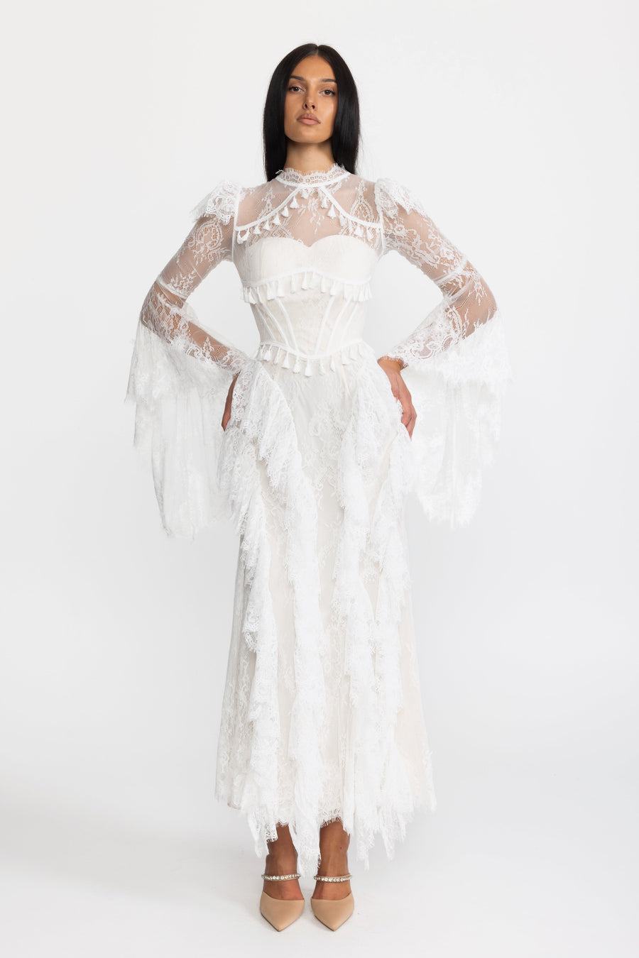 Tassel Trim Lace Corset Bell Sleeve Maxi Dress - White