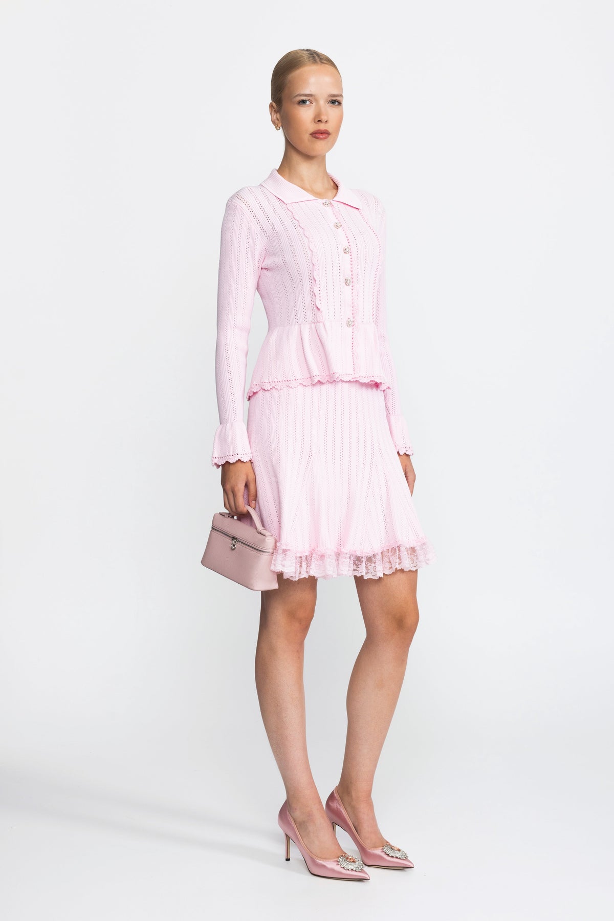 Pointelle Knit Peplum Cardigan and Lace Hem Skirt Co-ord Set - Pink