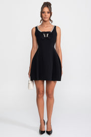 Crystal Trim Fit-and-Flare Mini Dress With Chest Bows - Black