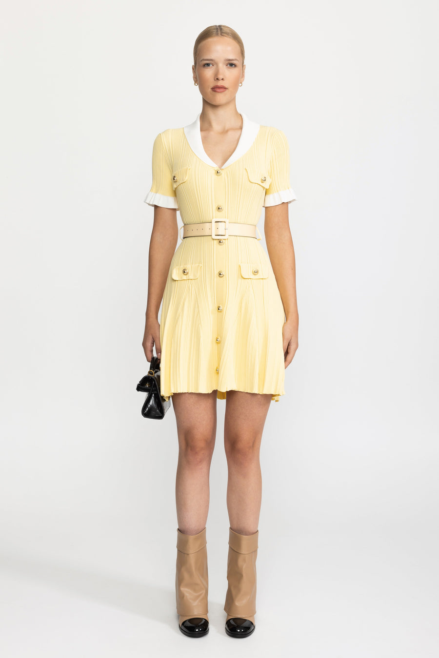 Ribbed Knit Contrast Collar Belted Mini Dress - Yellow
