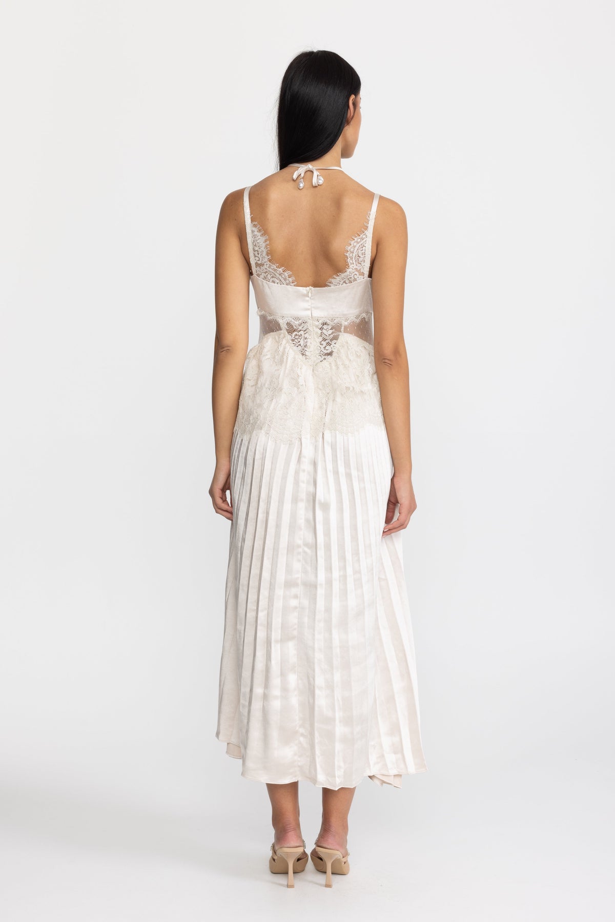 Lace Insert Satin Halter Pleated Midi Dress - Ivoire
