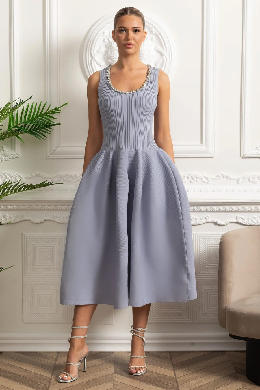 Adelaide Baby Blue Beaded Scoop-Neck Ribbed Midi Dress