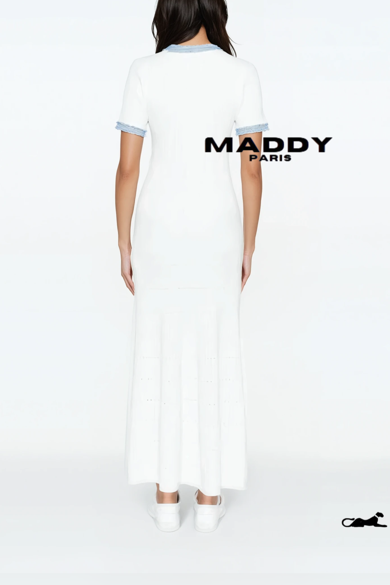 Sandro DENIM-TRIM KNITTED MAXI DRESS - WHITE