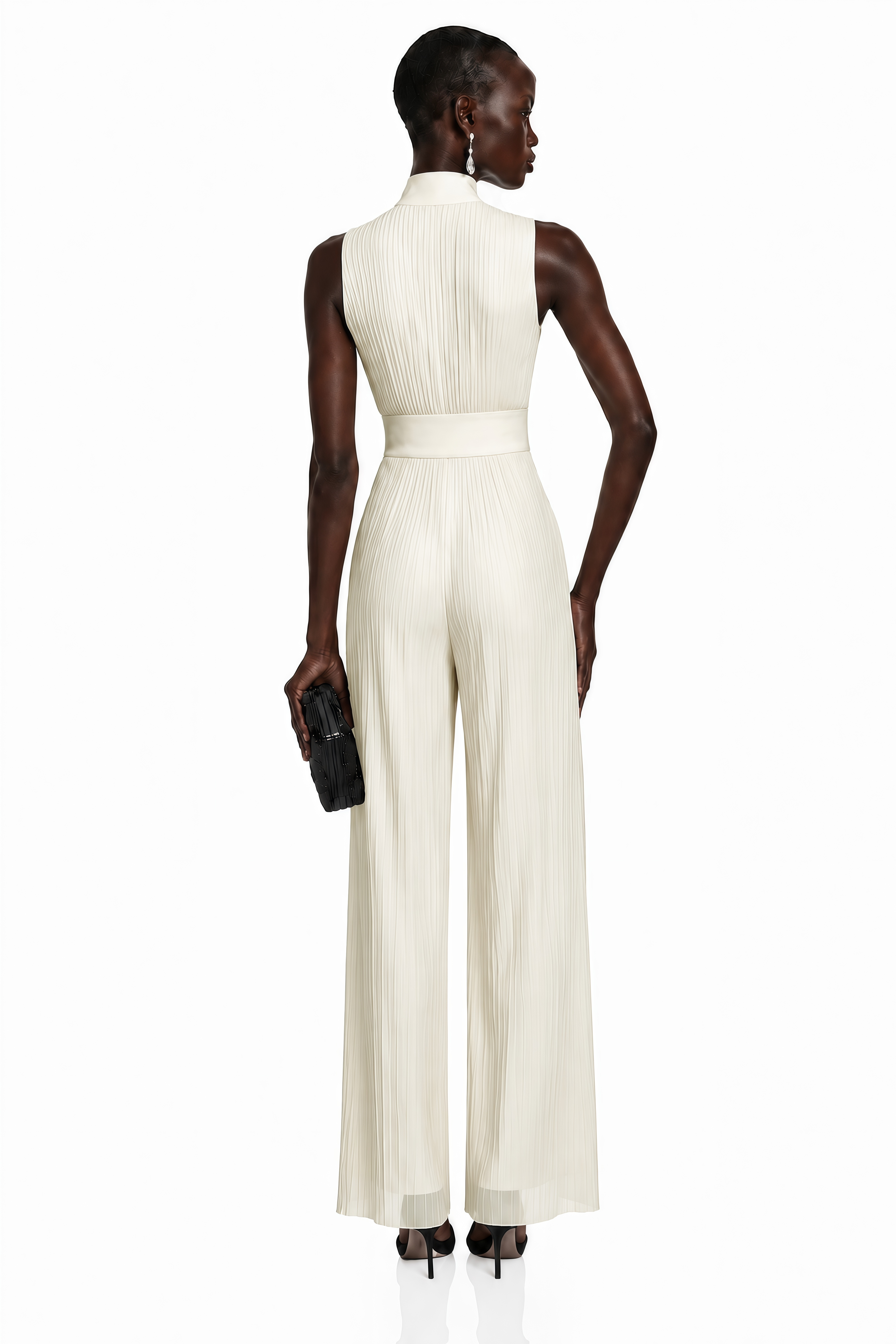 Ecem Cream White Mock Neck Ruched Jumpsuit
