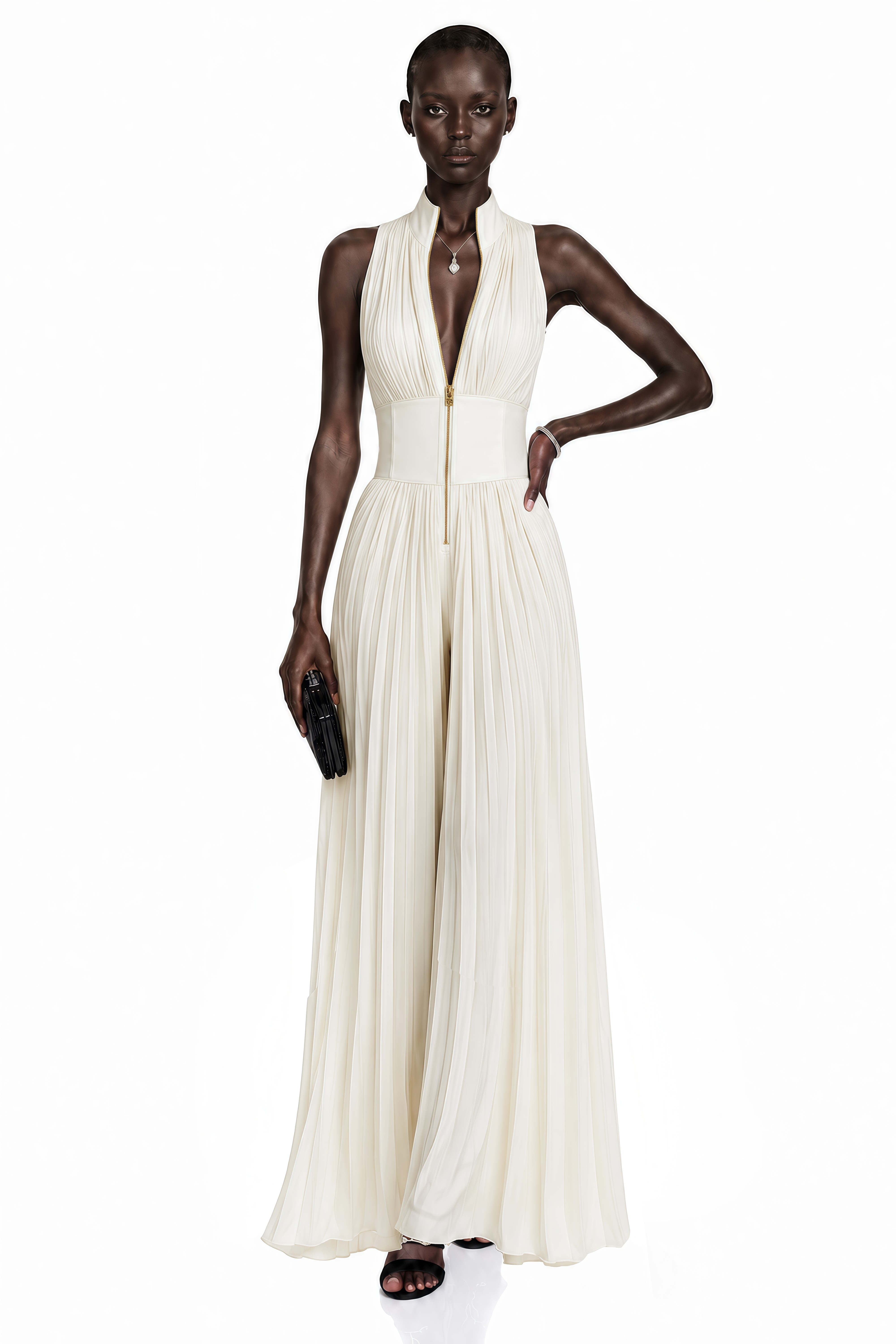 Ecem Cream White Mock Neck Ruched Jumpsuit