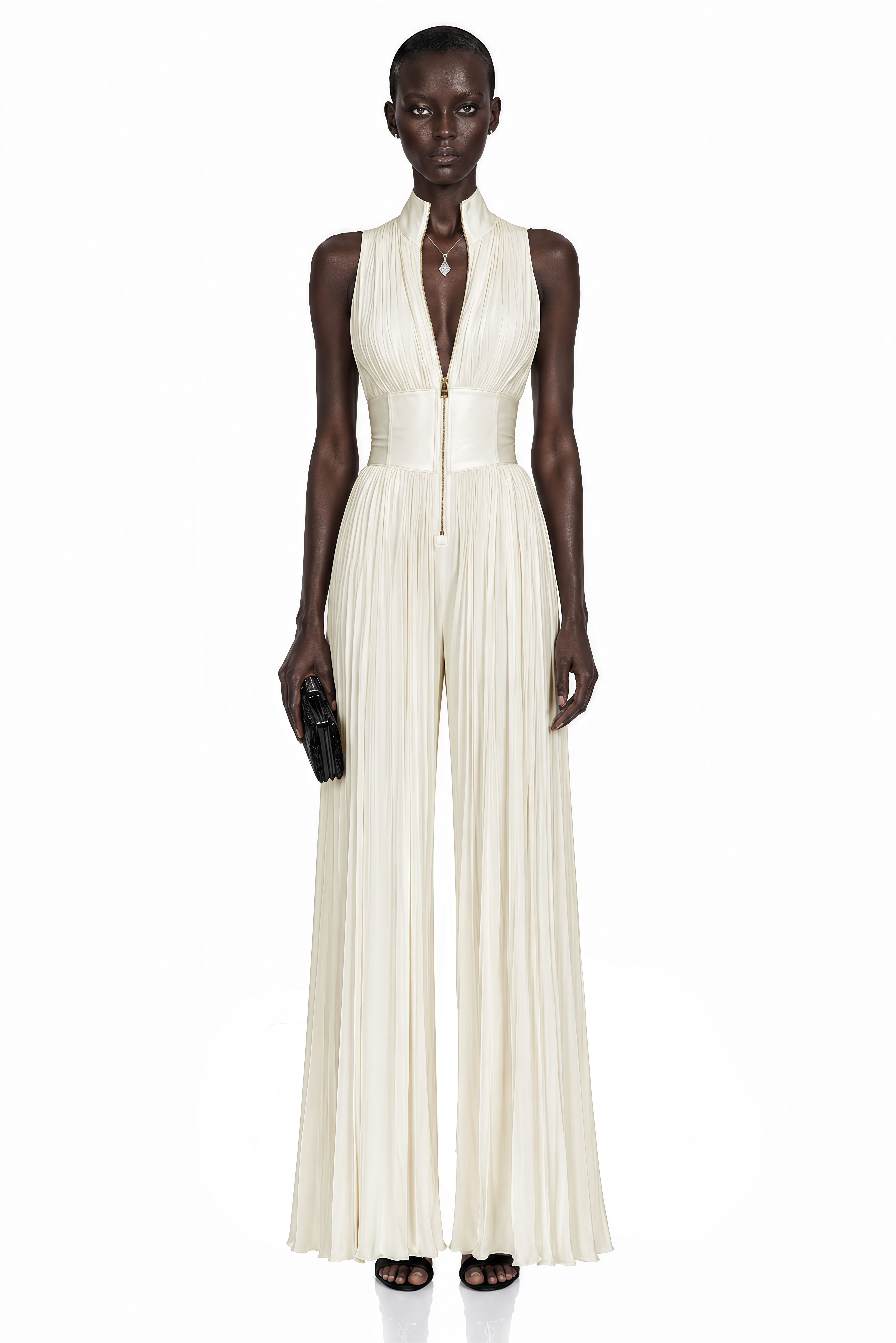 Ecem Cream White Mock Neck Ruched Jumpsuit