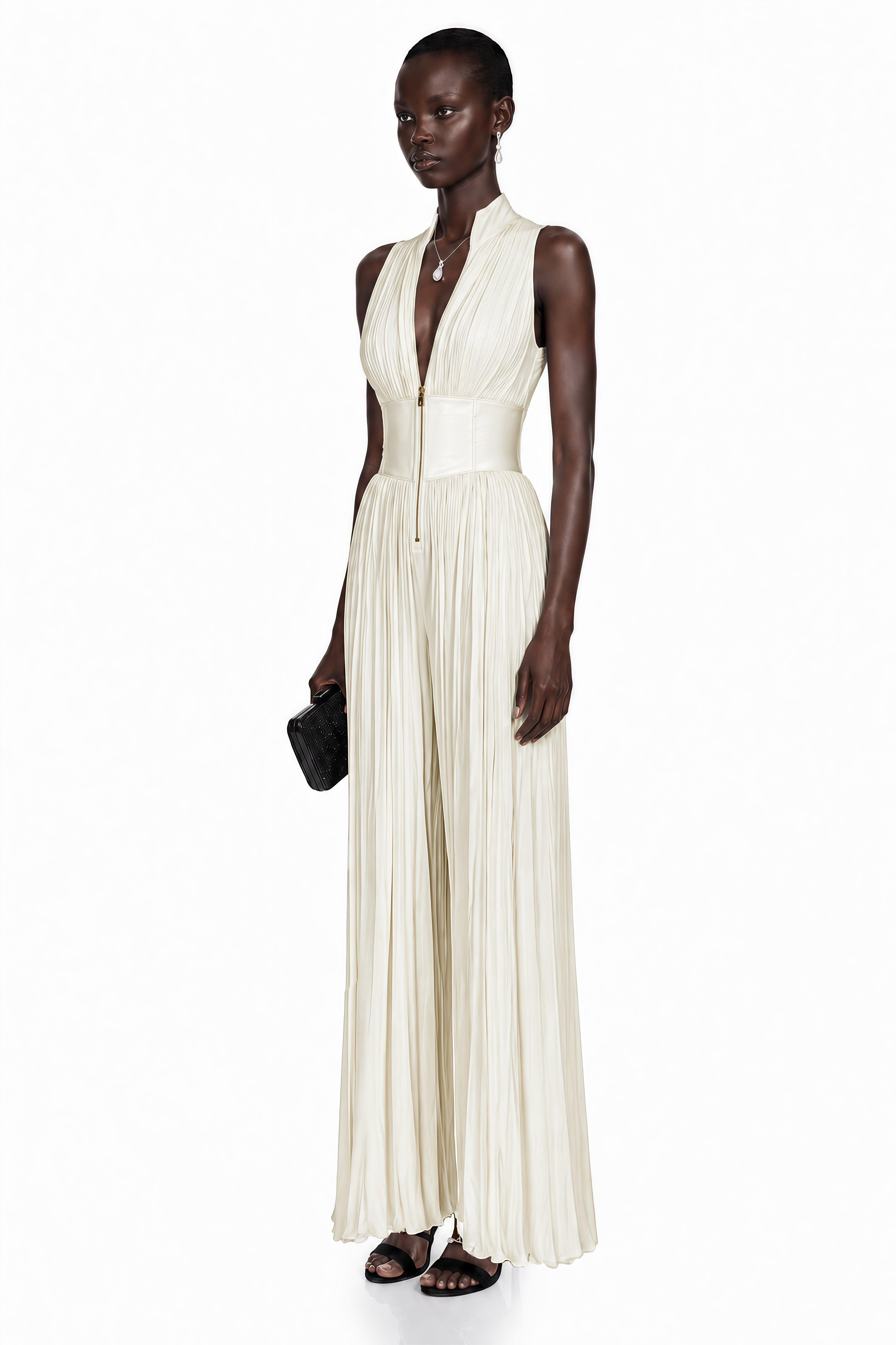 Ecem Cream White Mock Neck Ruched Jumpsuit