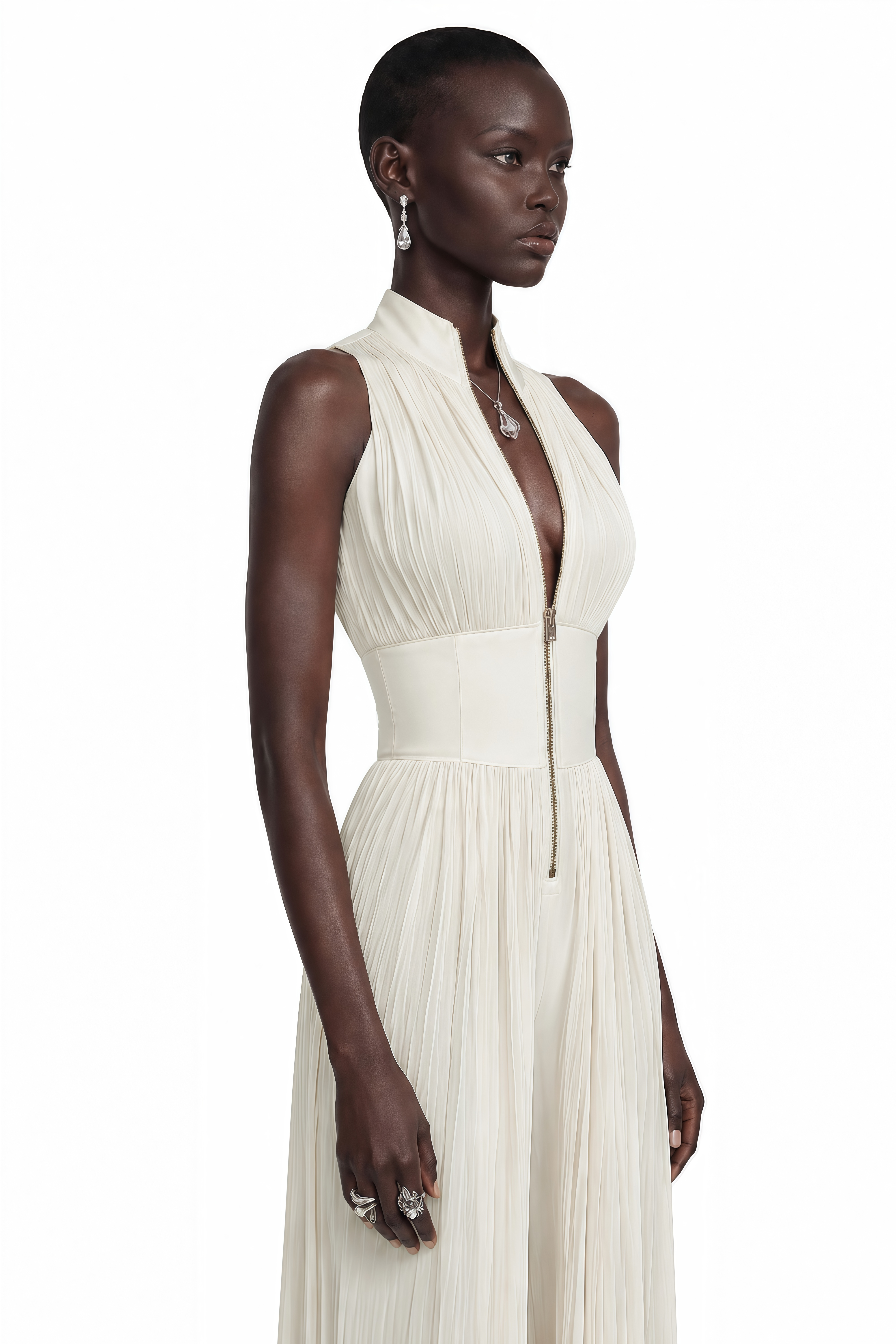 Ecem Cream White Mock Neck Ruched Jumpsuit