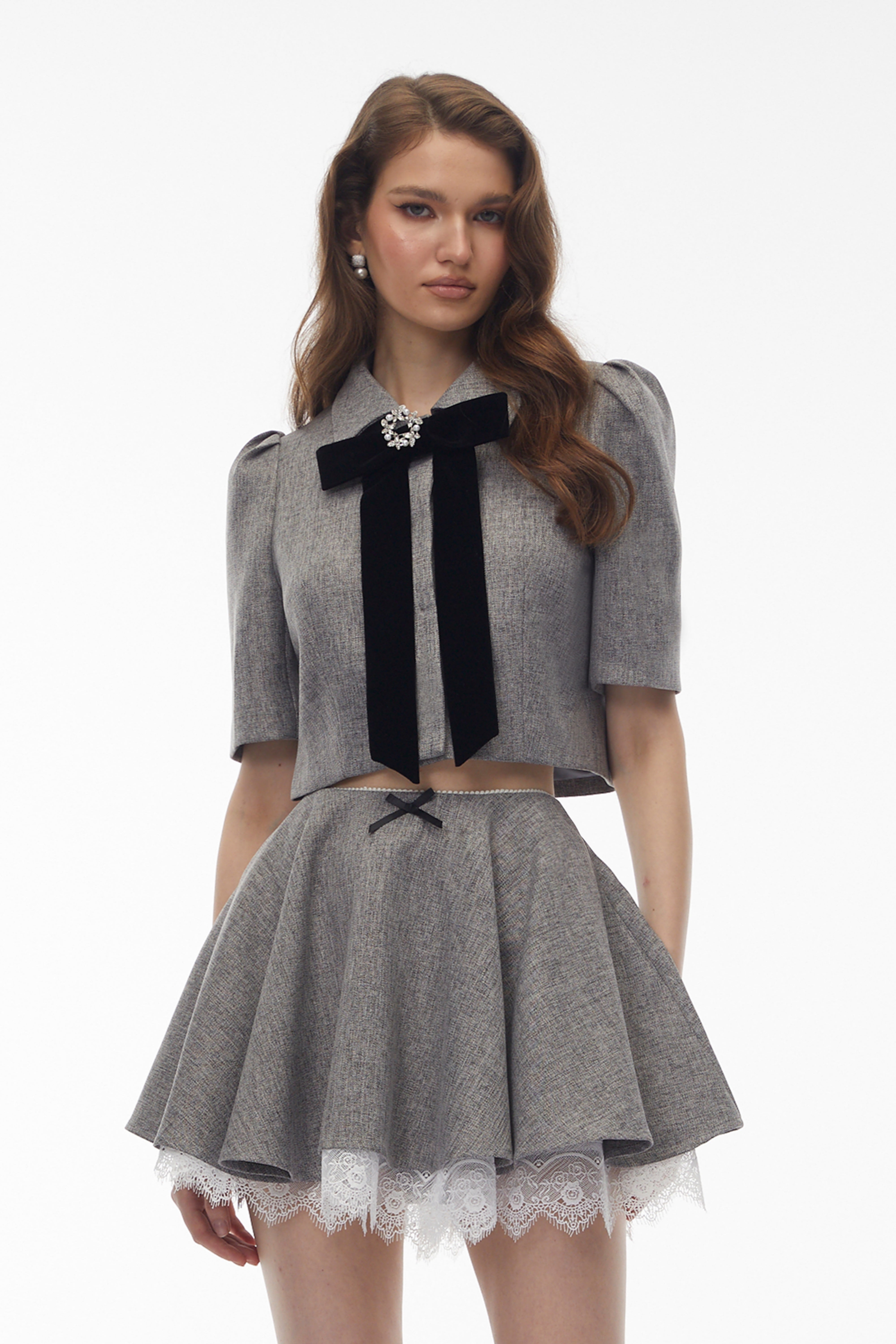 Echidna Grey Top & Skirt Set with Lace Trim and Bow