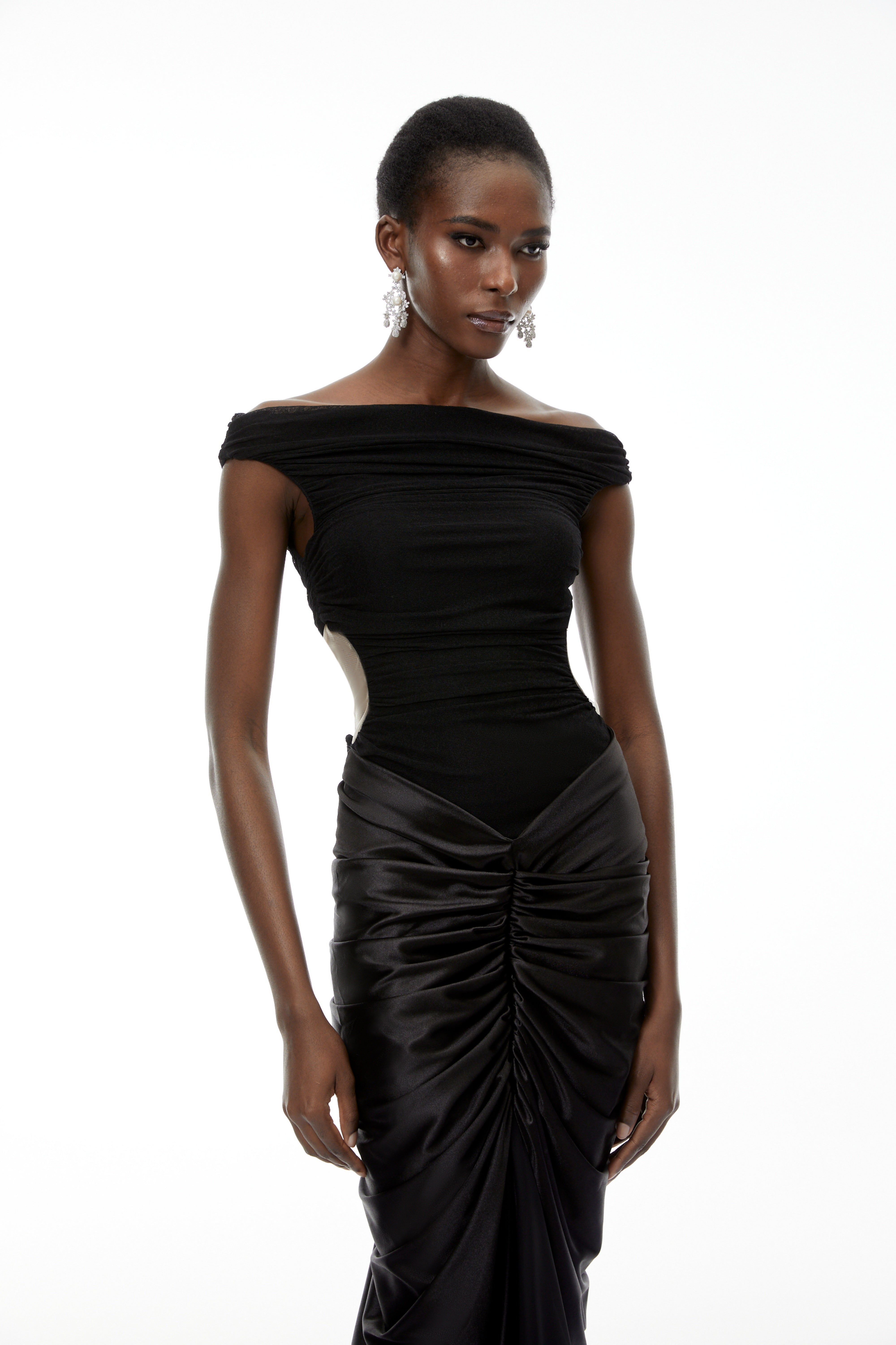 Eden Black Off-Shoulder Ruched Maxi Dress (Final Sale)
