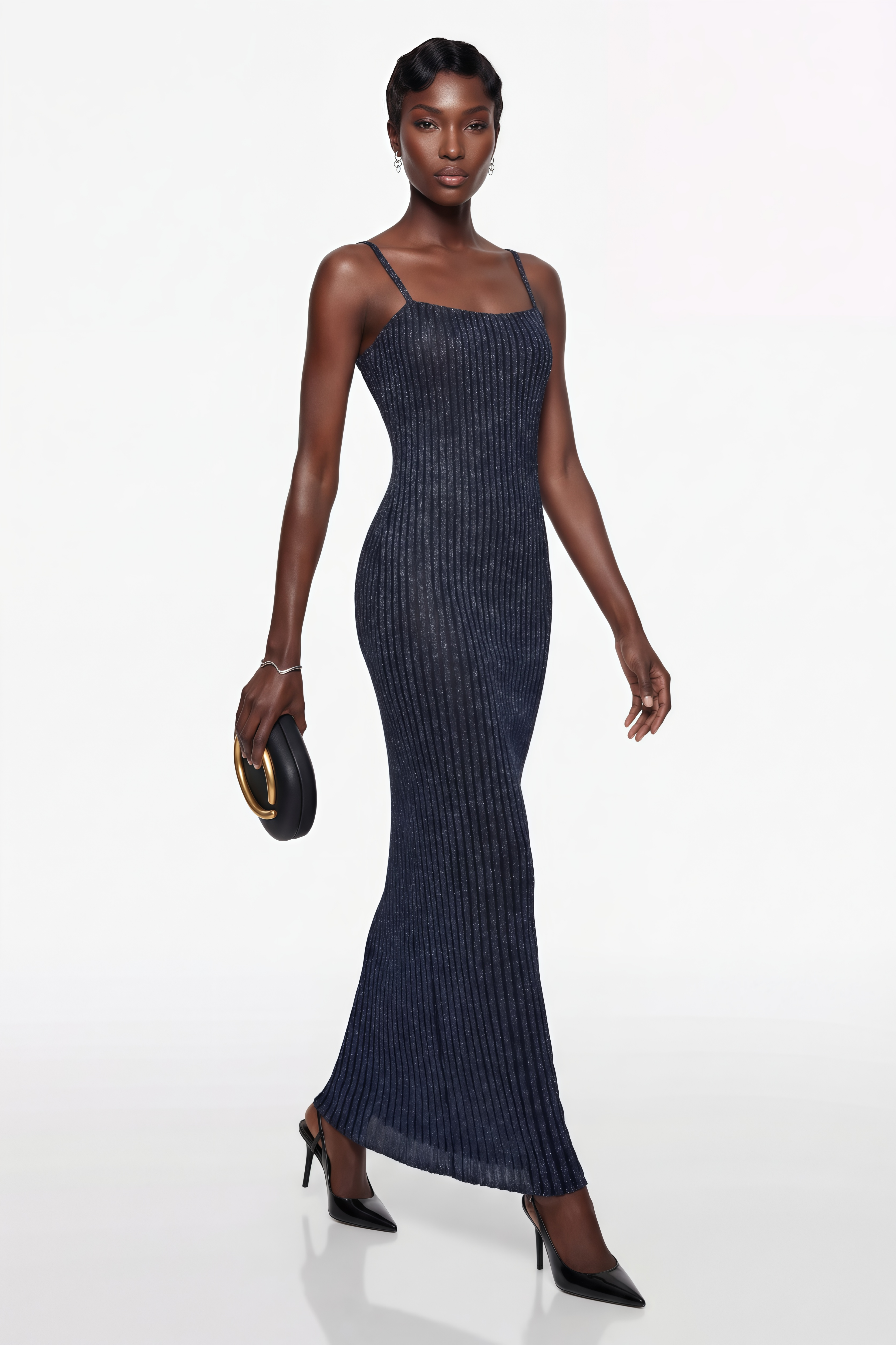 Eden Dark Blue Metallic Knit Maxi Dress