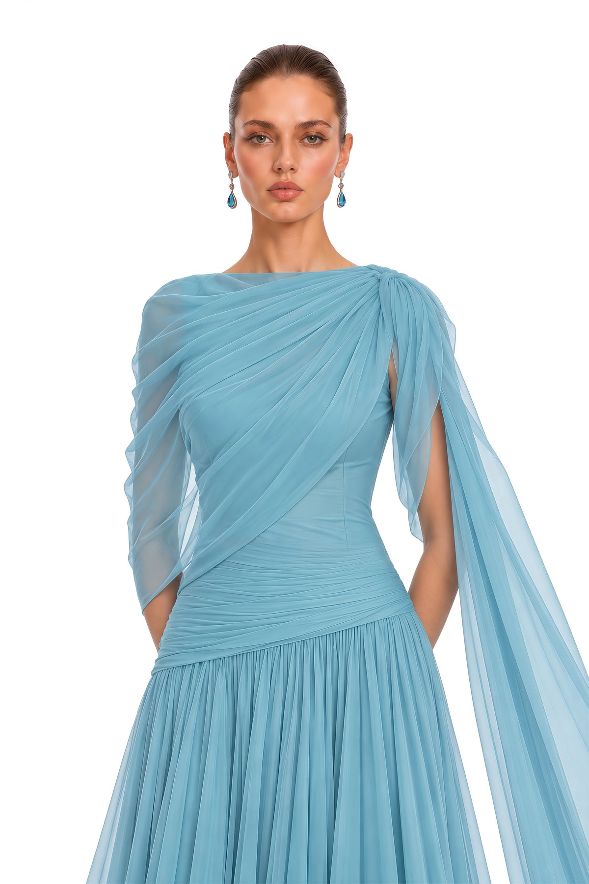 eirlys dusty blue draped one shoulder maxi dress set
