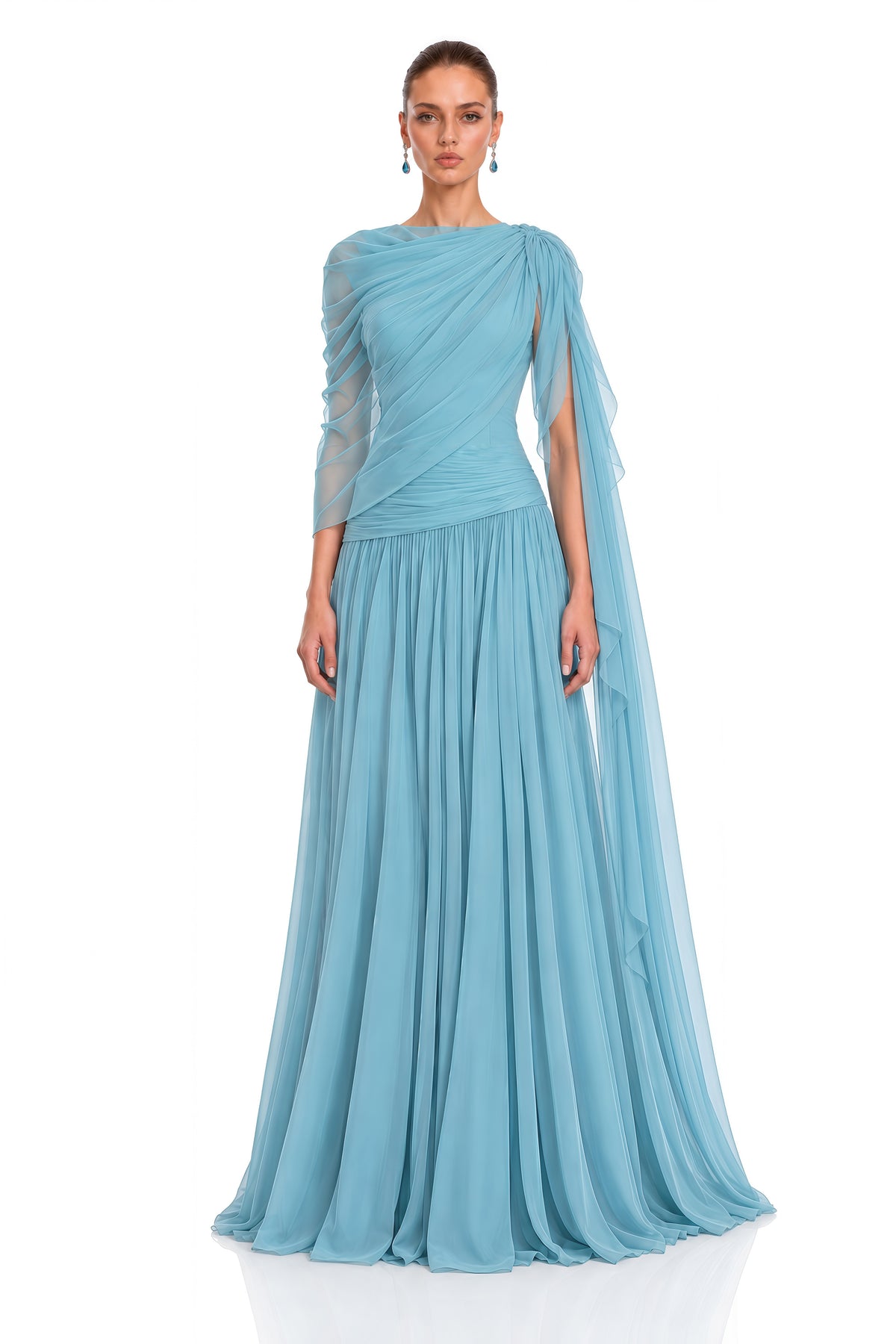 eirlys dusty blue draped one shoulder maxi dress set