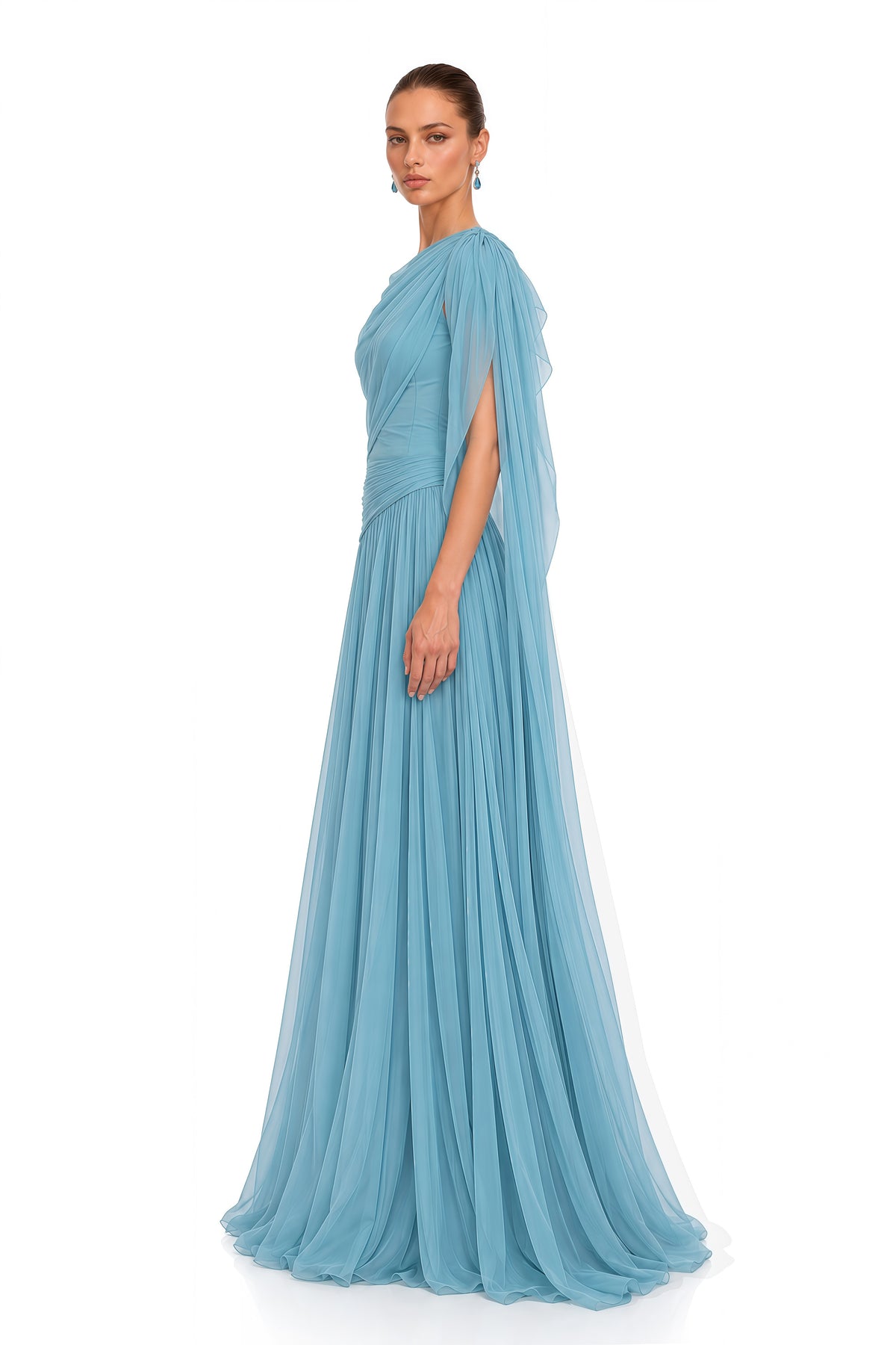 eirlys dusty blue draped one shoulder maxi dress set