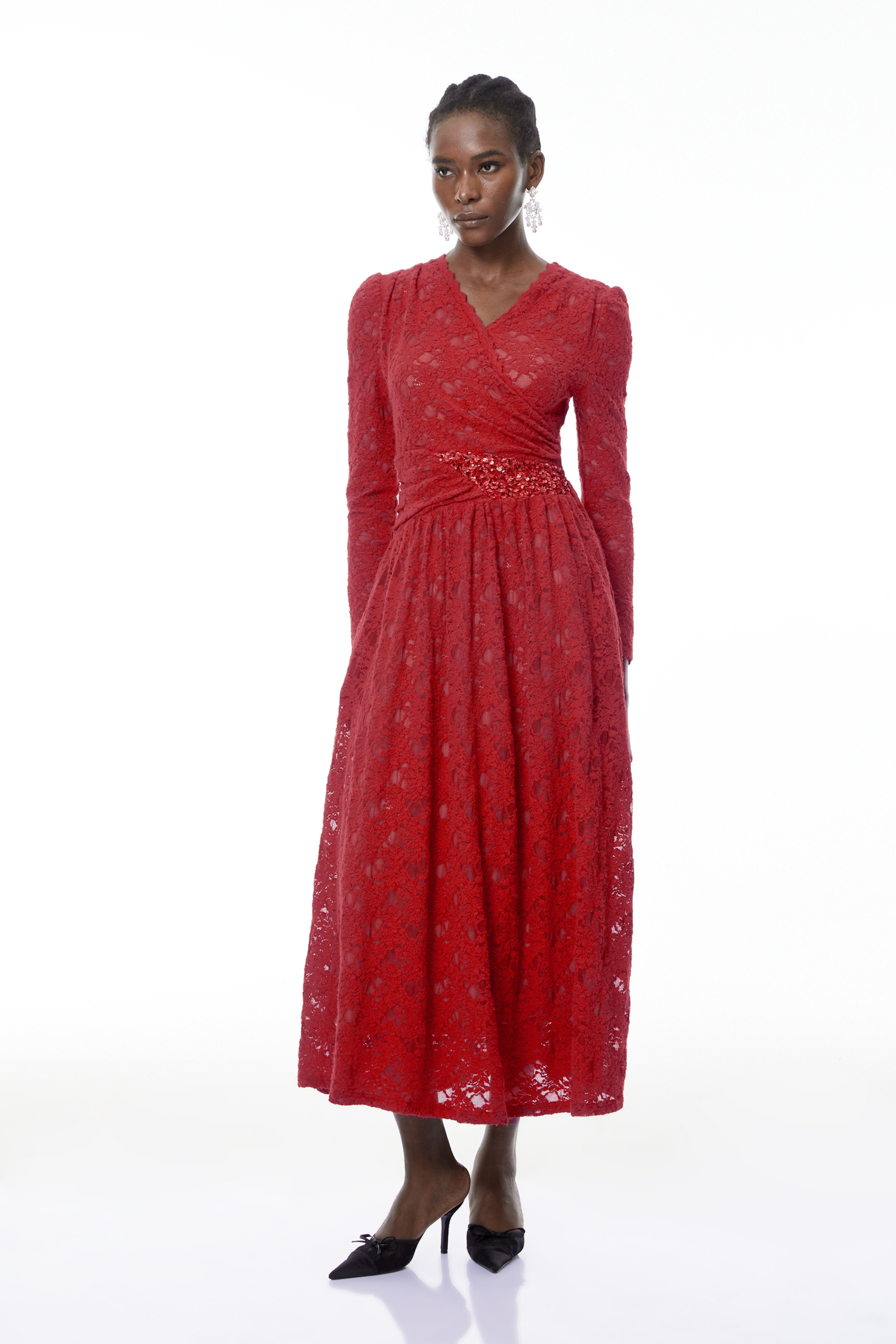 Eirlys Red Floral Lace Midi Dress with Embellishment (Final Sale)