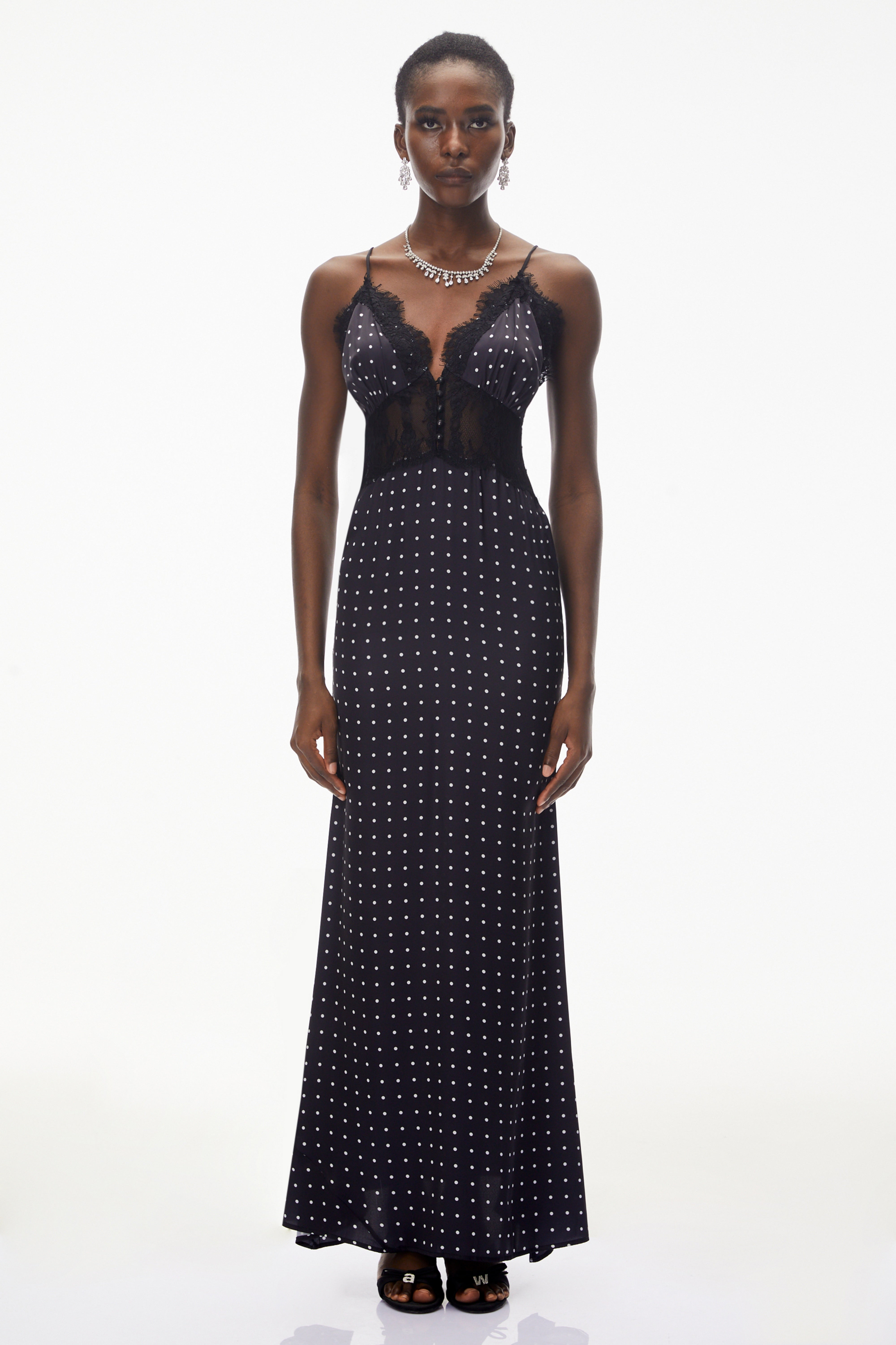 Eleanor Black Polka Dot Lace Trim Maxi Dress