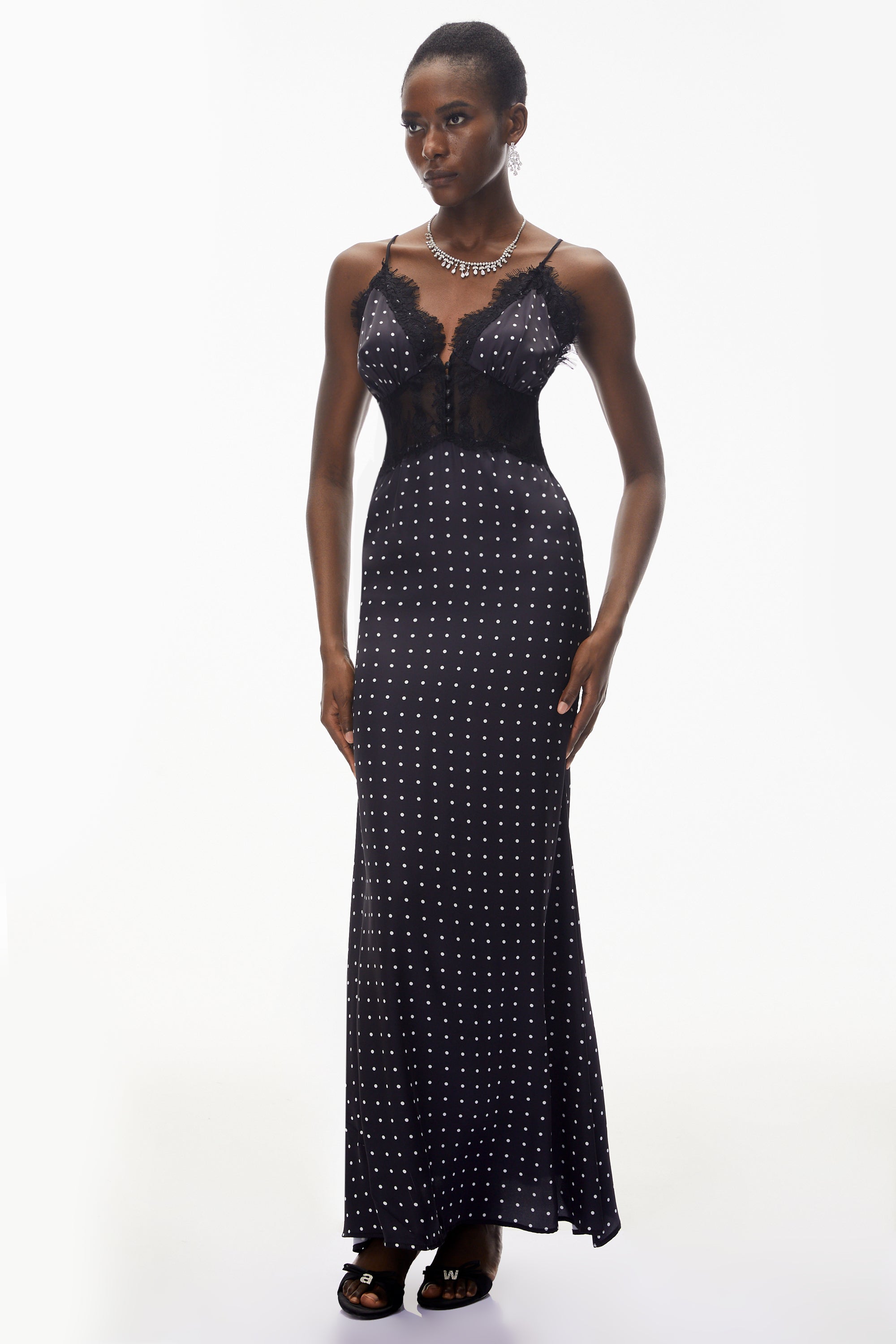 Eleanor Black Polka Dot Lace Trim Maxi Dress