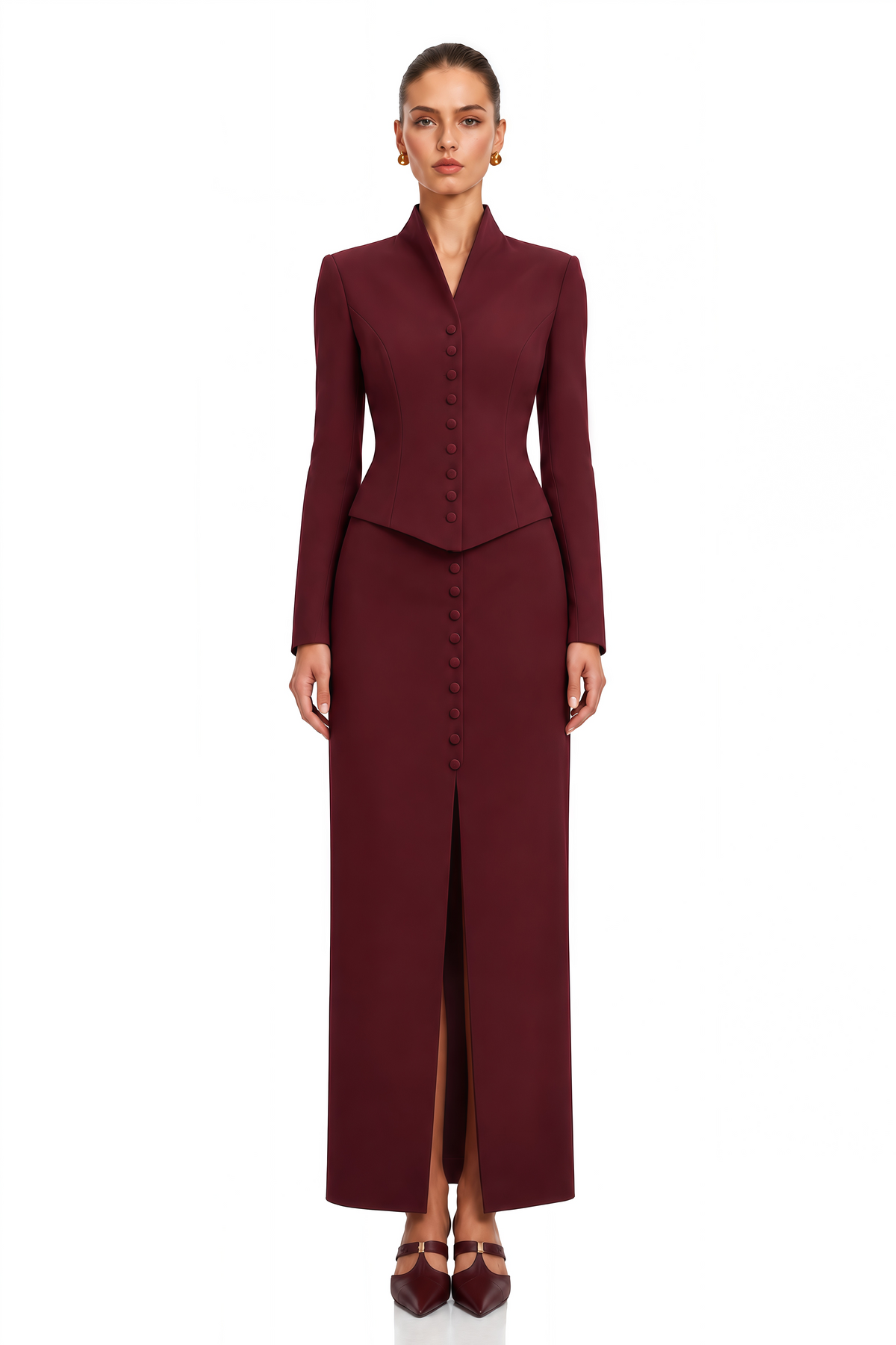 eleni burgundy buttoned jacket & maxi skirt set