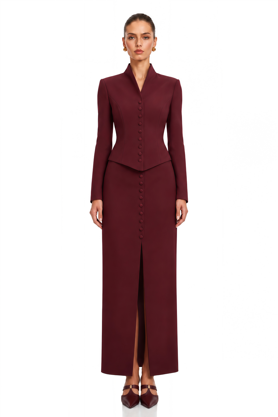 eleni burgundy buttoned jacket & maxi skirt set