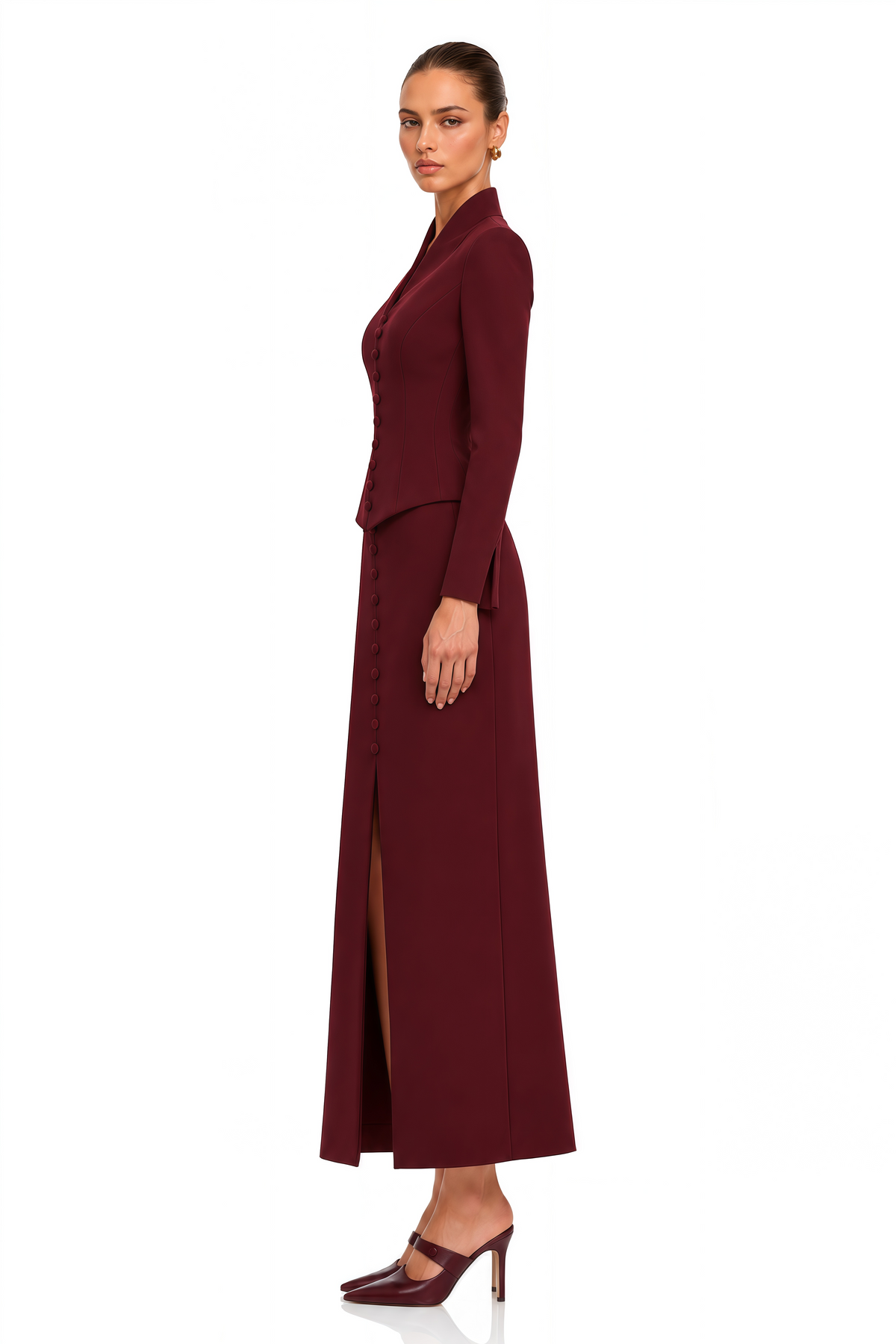 eleni burgundy buttoned jacket & maxi skirt set