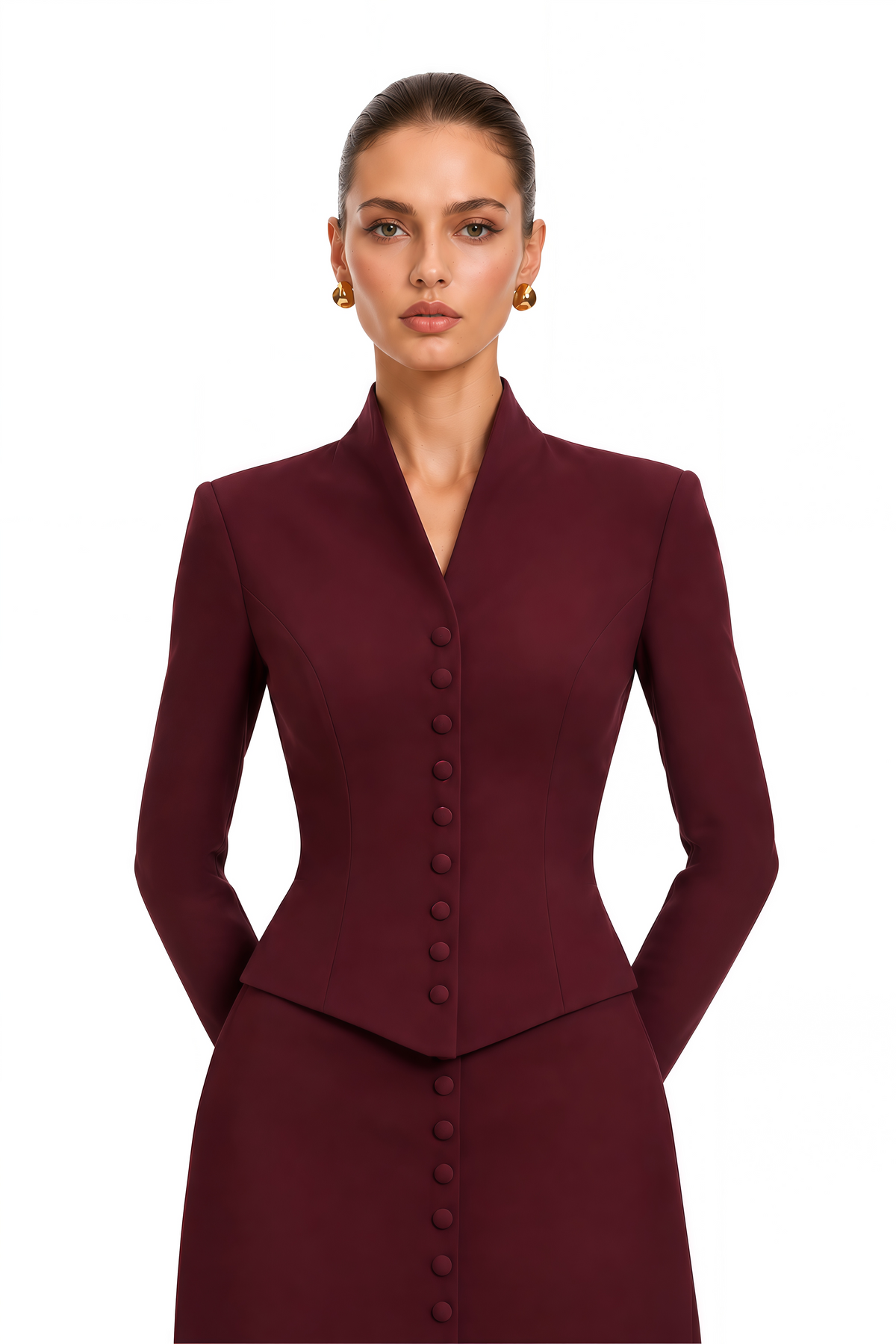 eleni burgundy buttoned jacket & maxi skirt set