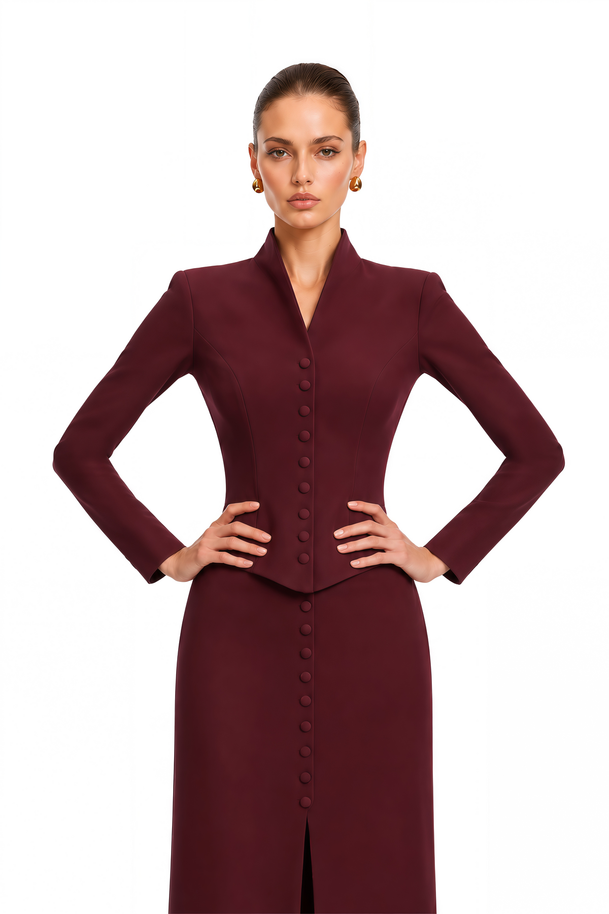 eleni burgundy buttoned jacket & maxi skirt set