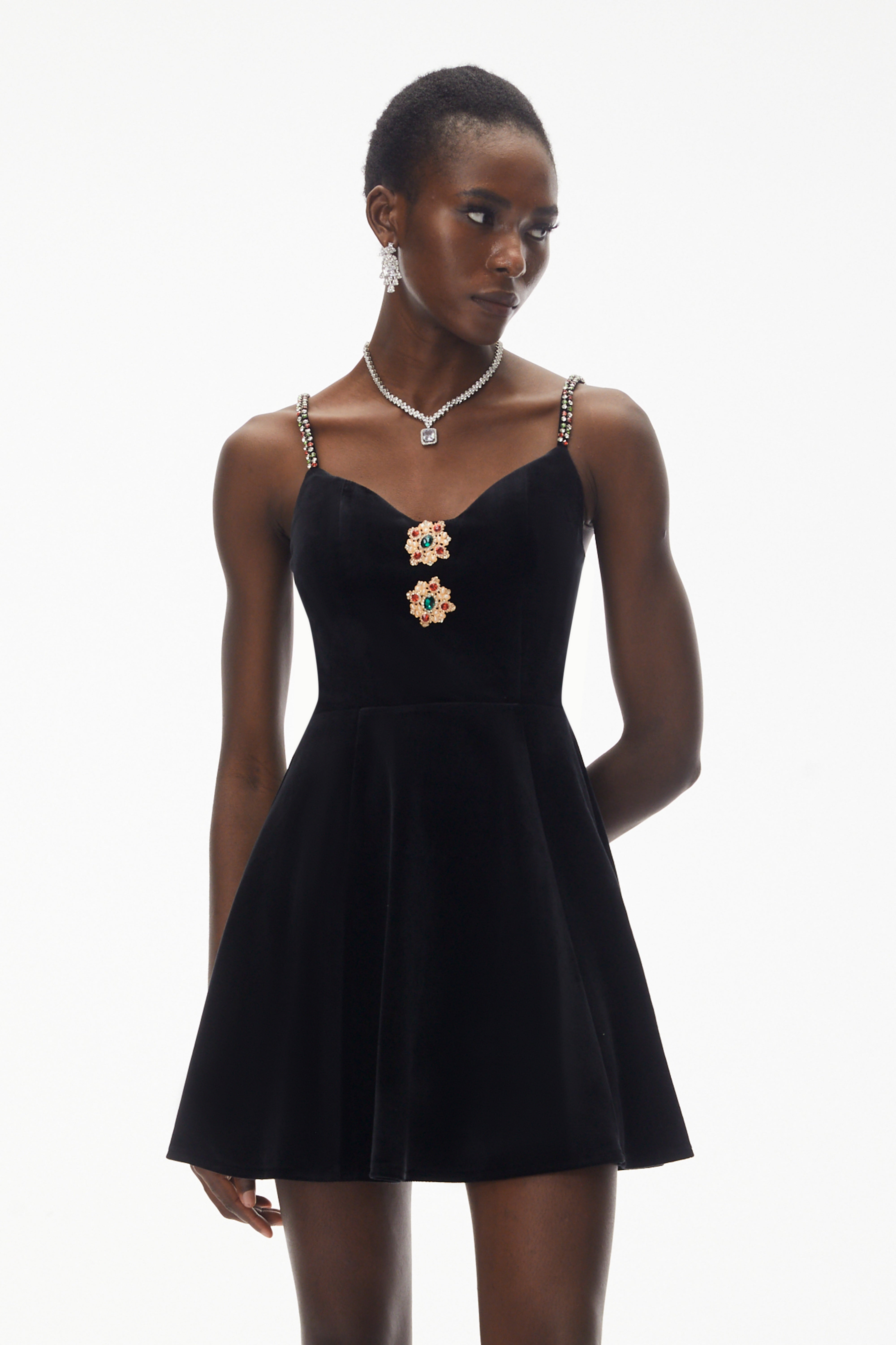 Elettra Black Off Shoulder Embellished Mini Dress