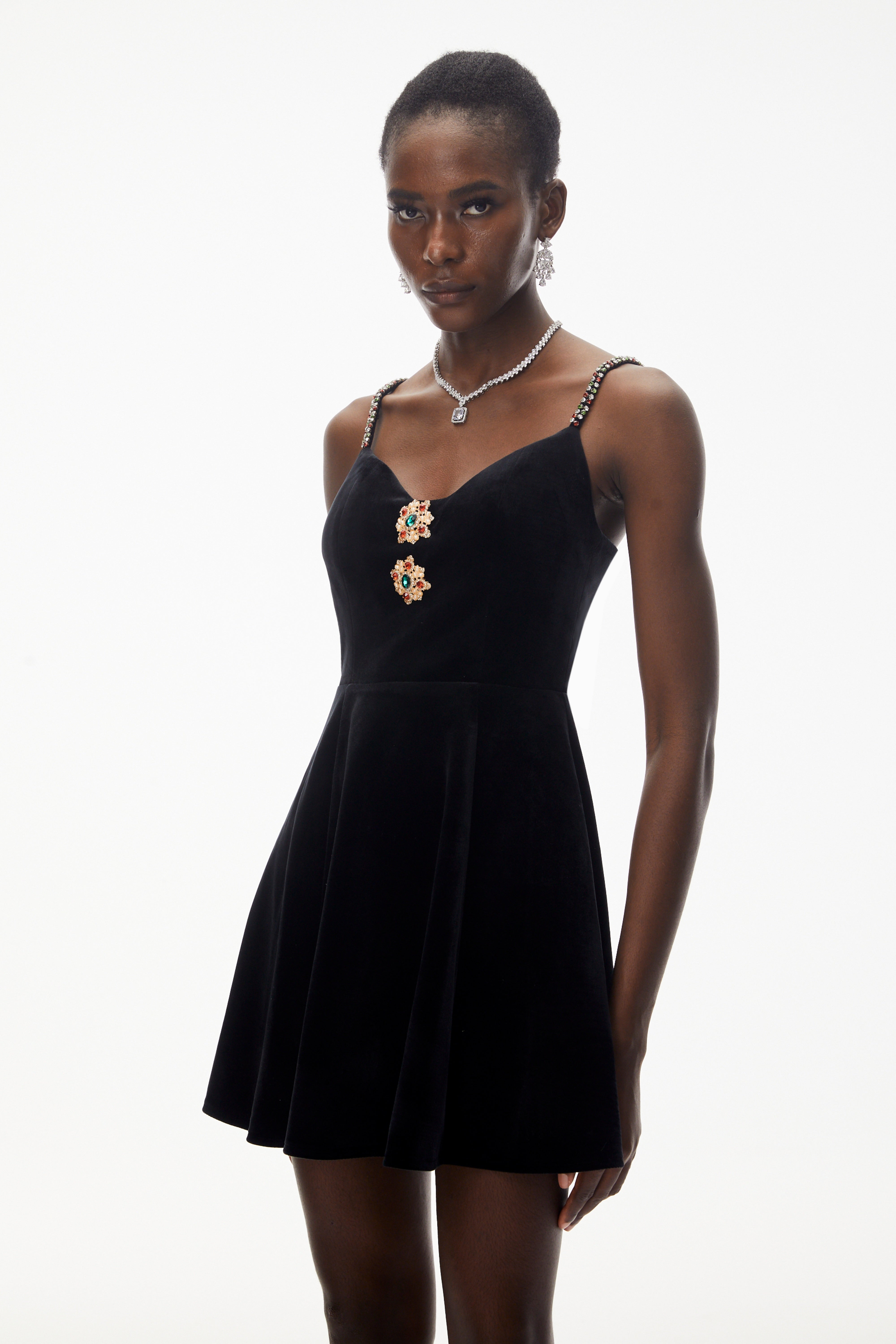 Elettra Black Off Shoulder Embellished Mini Dress