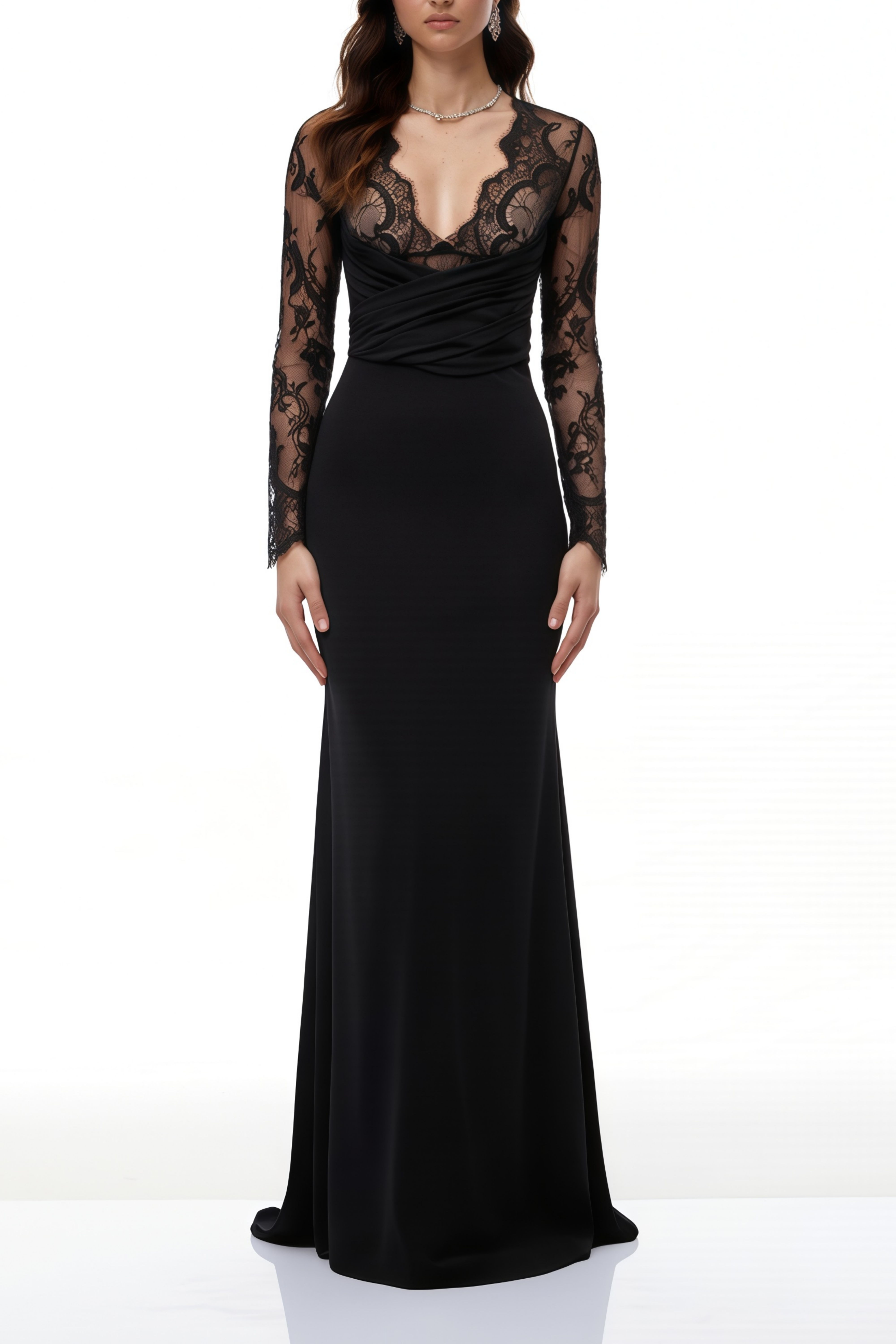 Elisheva Black Plunge Neck Lace Maxi Dress