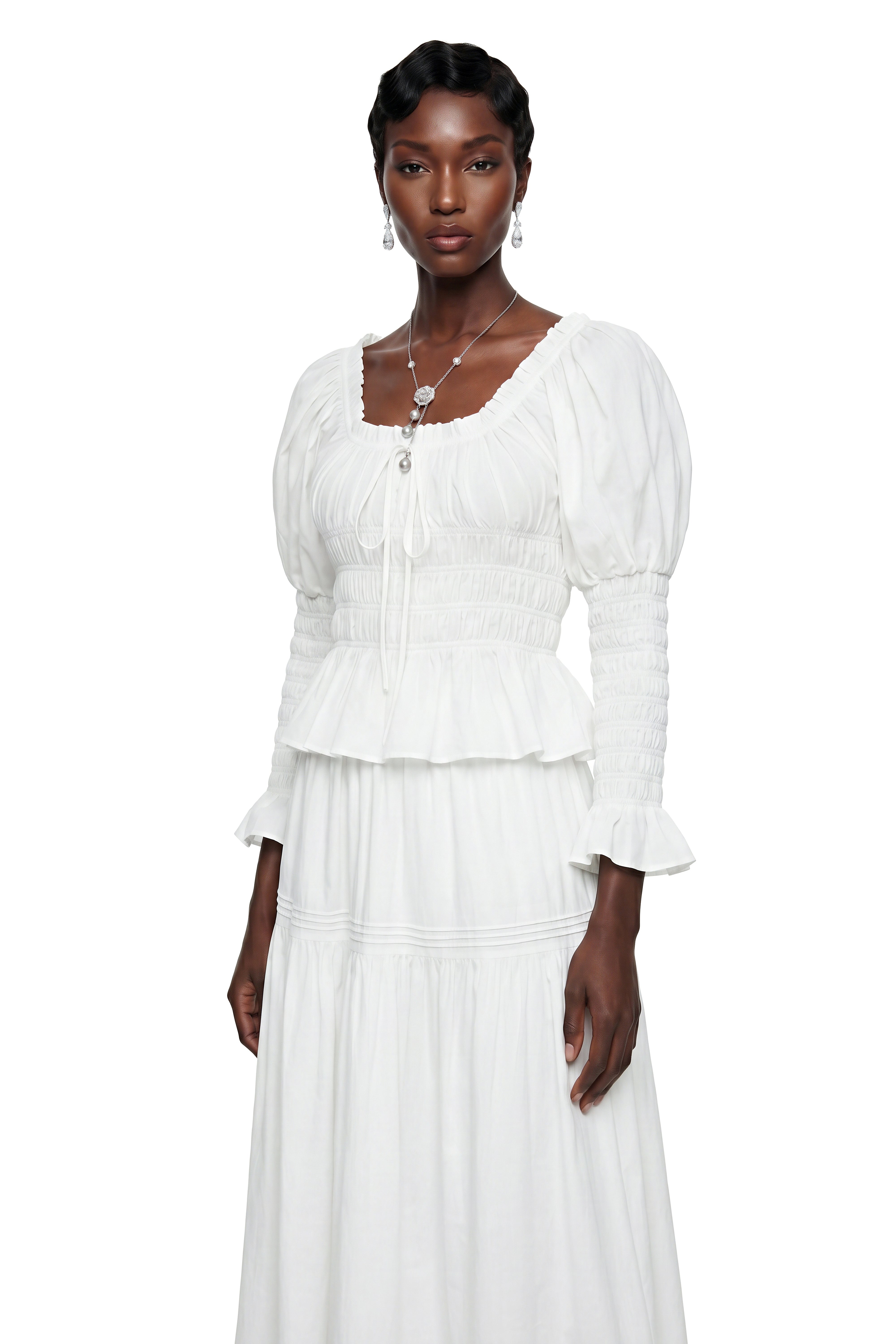 Eliza White Ruched Blouse & Skirt Set