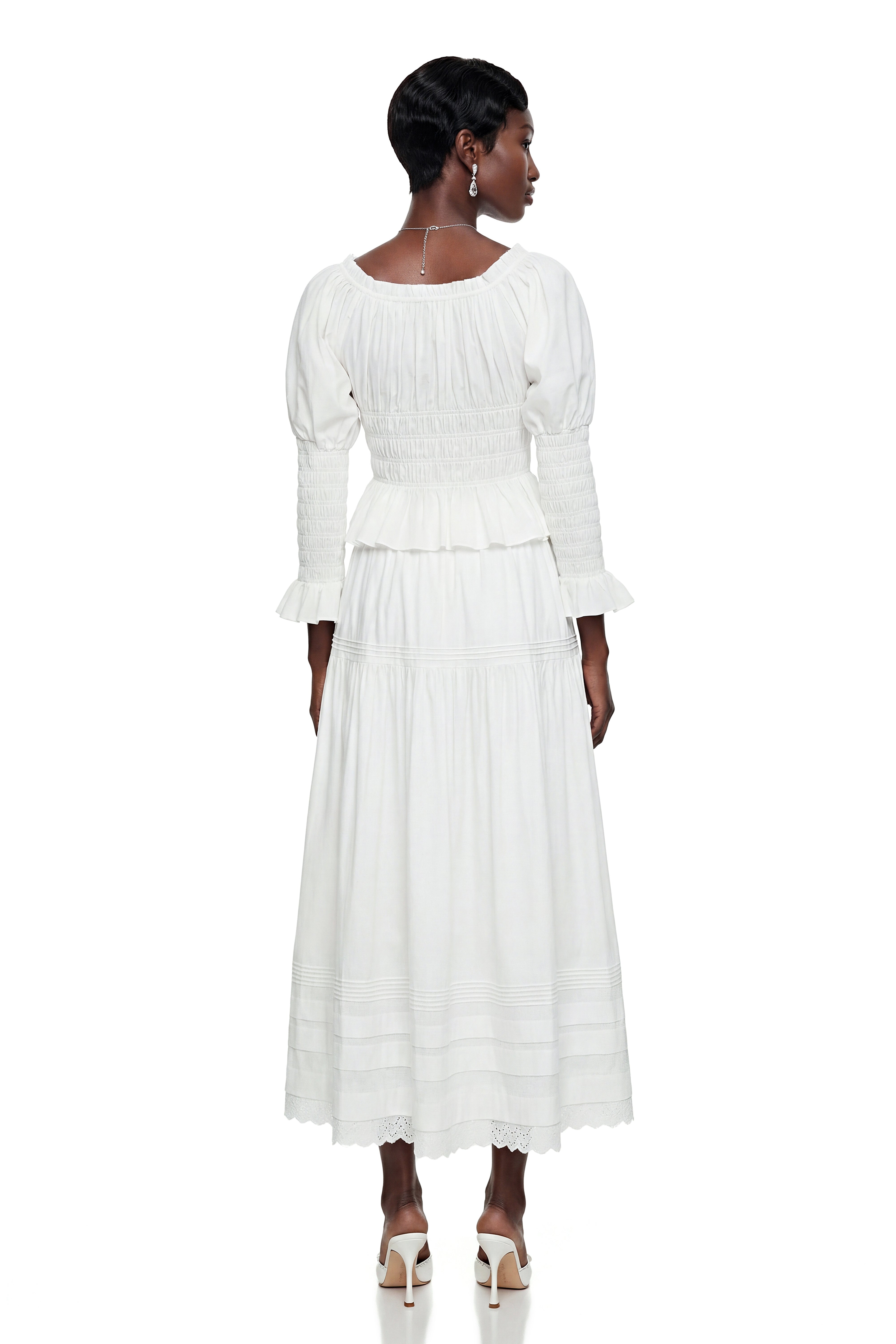 Eliza White Ruched Blouse & Skirt Set