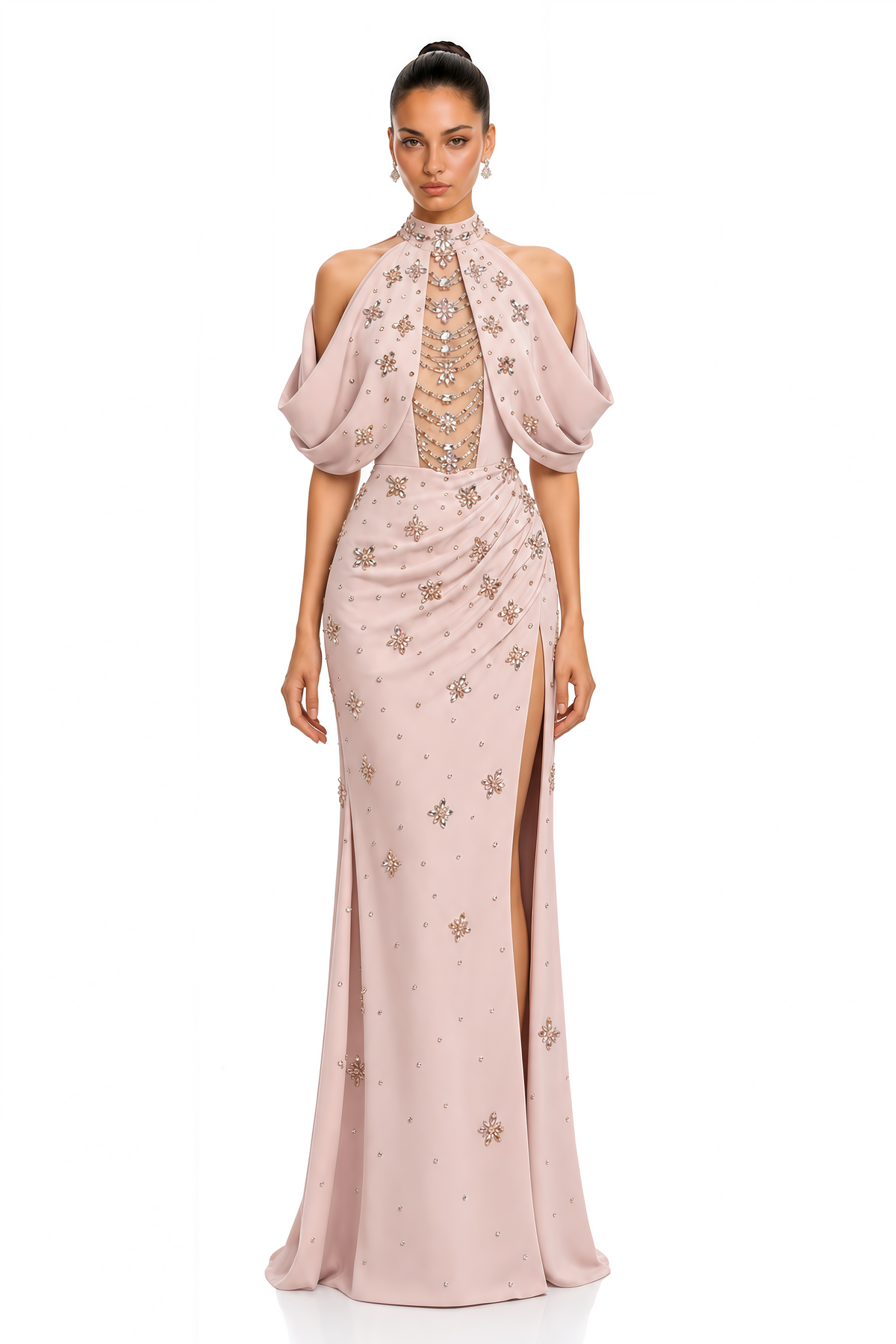 elizah blush pink embellished halter draped maxi gown