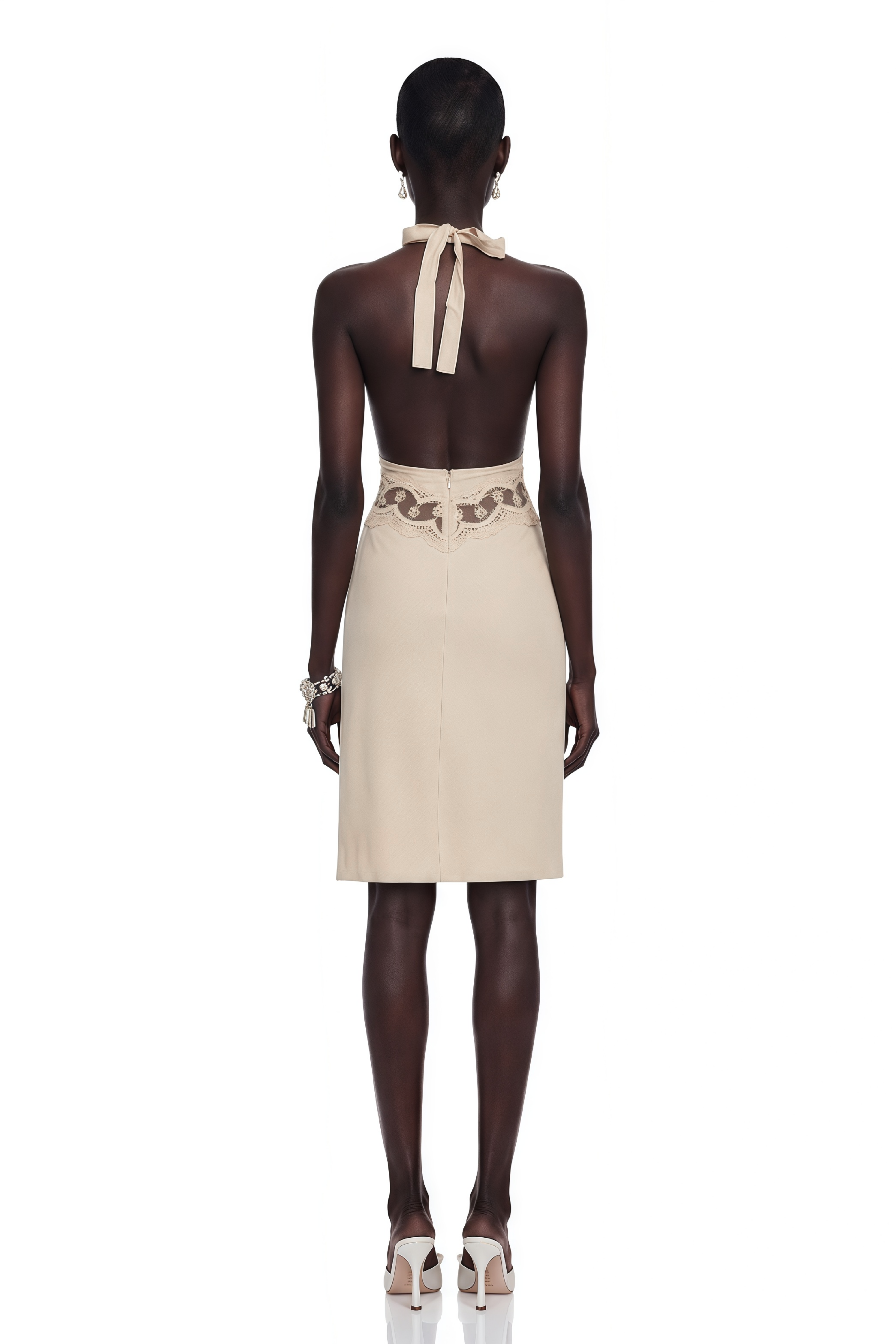 Ella Neutral Halterneck Lace Panel Mini Dress